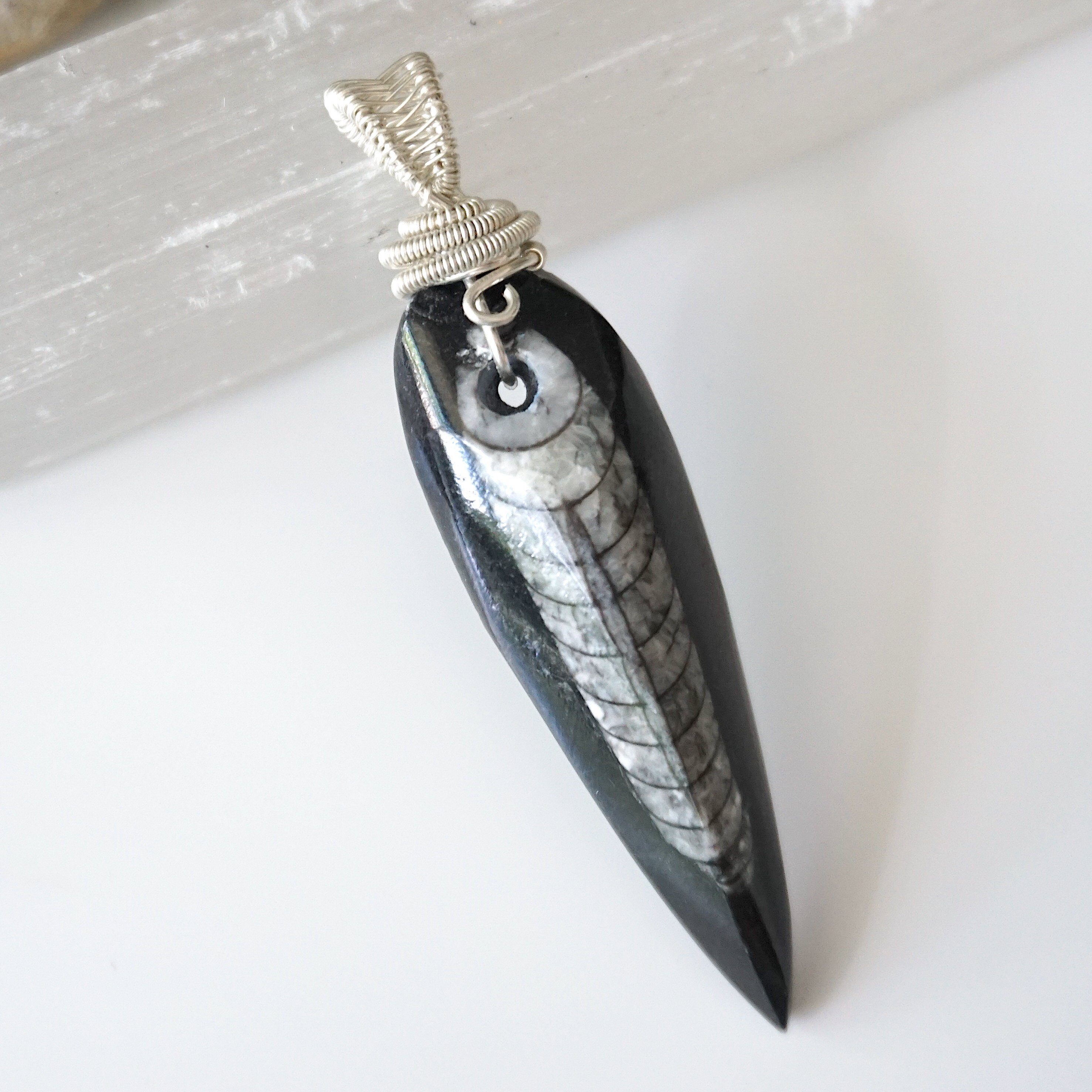 Black Fossil Arrowhead Necklace - Sterling Silver Wire Wrap Pendant Jewelry for Men & Women | Perfect for Outdoor Adventures, Nature Lovers & Unique Gift Giving