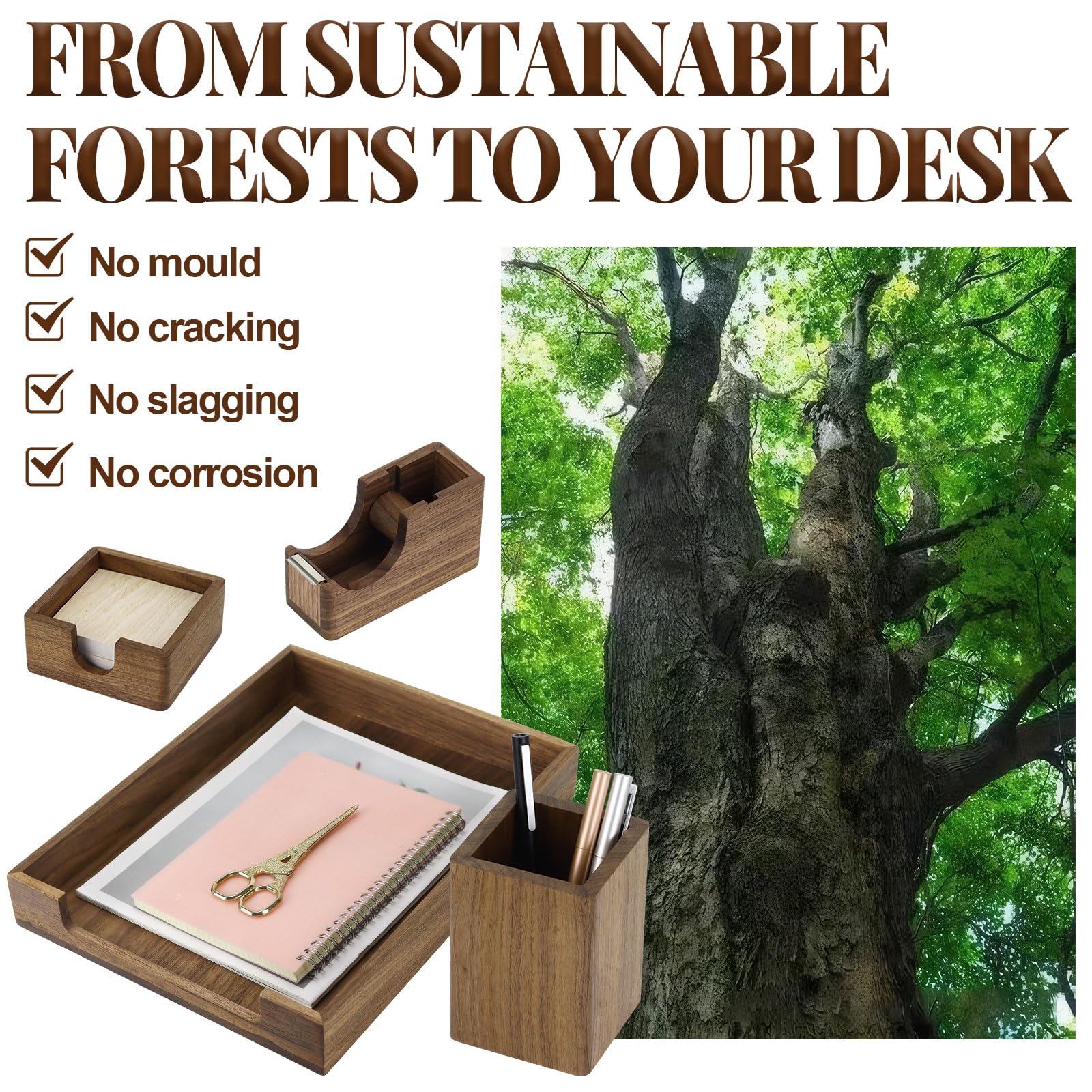 Premium Walnut Wood Desk Organizer Set - 4-Piece Office Accessories with Letter Tray, Pen Holder, Sticky Note Holder & Tape Dispenser for Home & Office Organization | Perfect for Workstation, Study Desk & Gift Idea