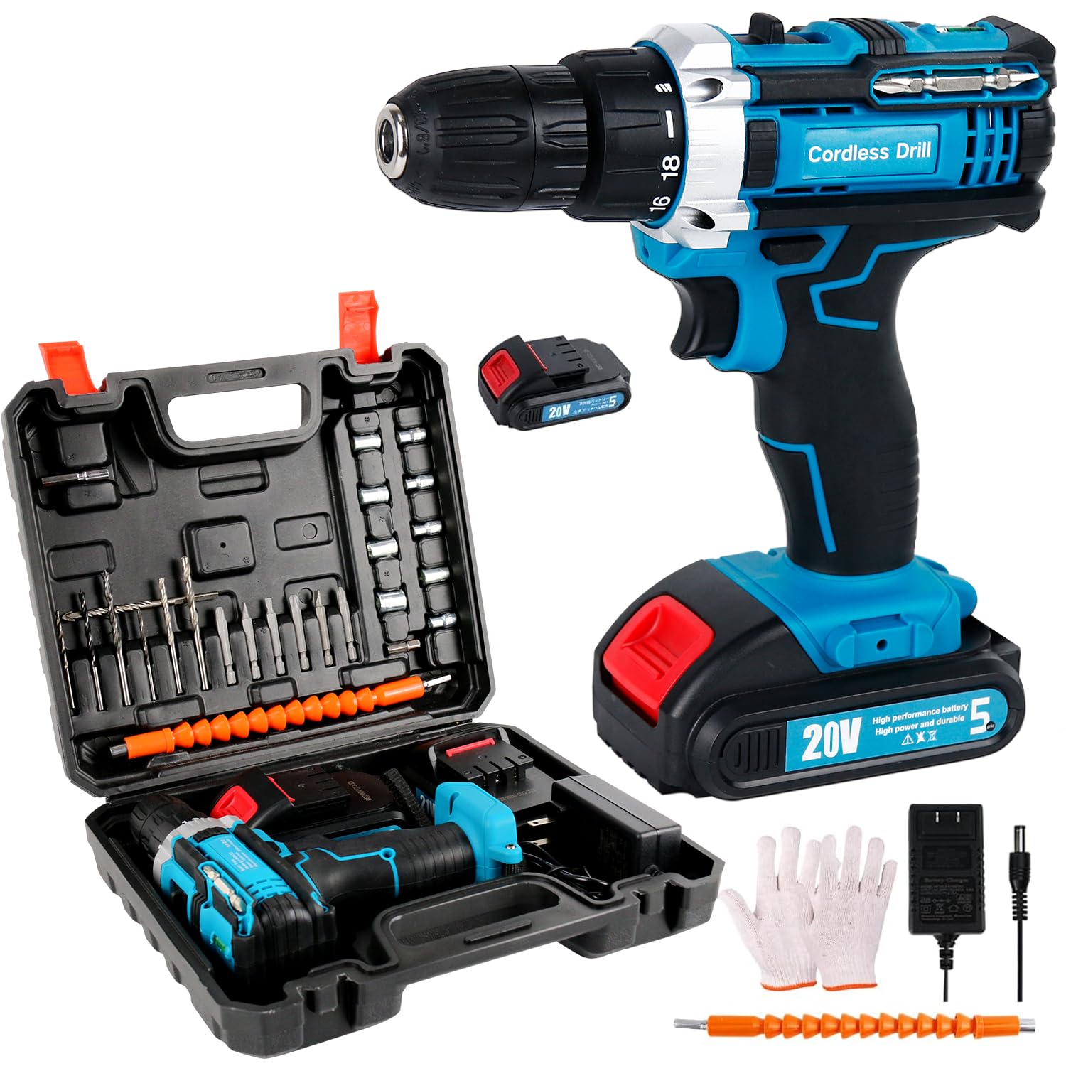 21V Cordless Power Drill Set with Battery & Charger - 3/8