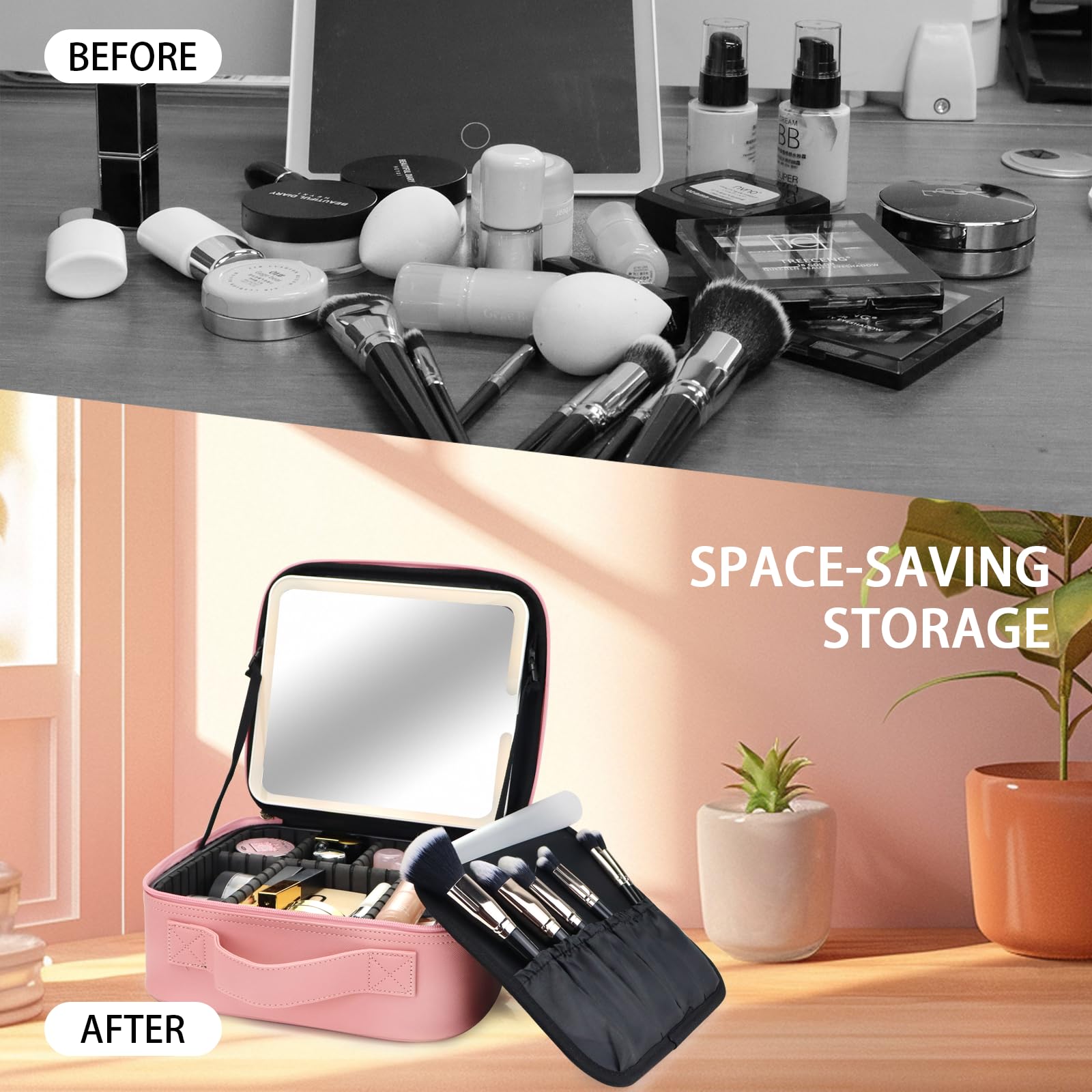 LED Lighted Travel Makeup Bag with Adjustable Dividers - Portable Cosmetic Organizer with 3-Color Lighting, Pink Makeup Case for Women | Perfect for Travel, Home Vanity & On-the-Go Touchups