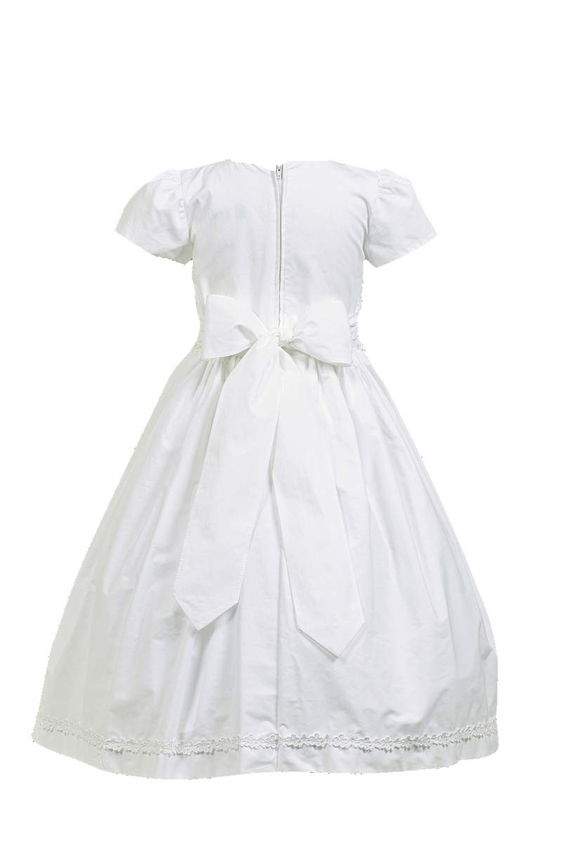 Lito Girls Communion Dress Size 12 - White Cotton Smocked Short Sleeve Church Dress for First Holy Communion & Special Occasions