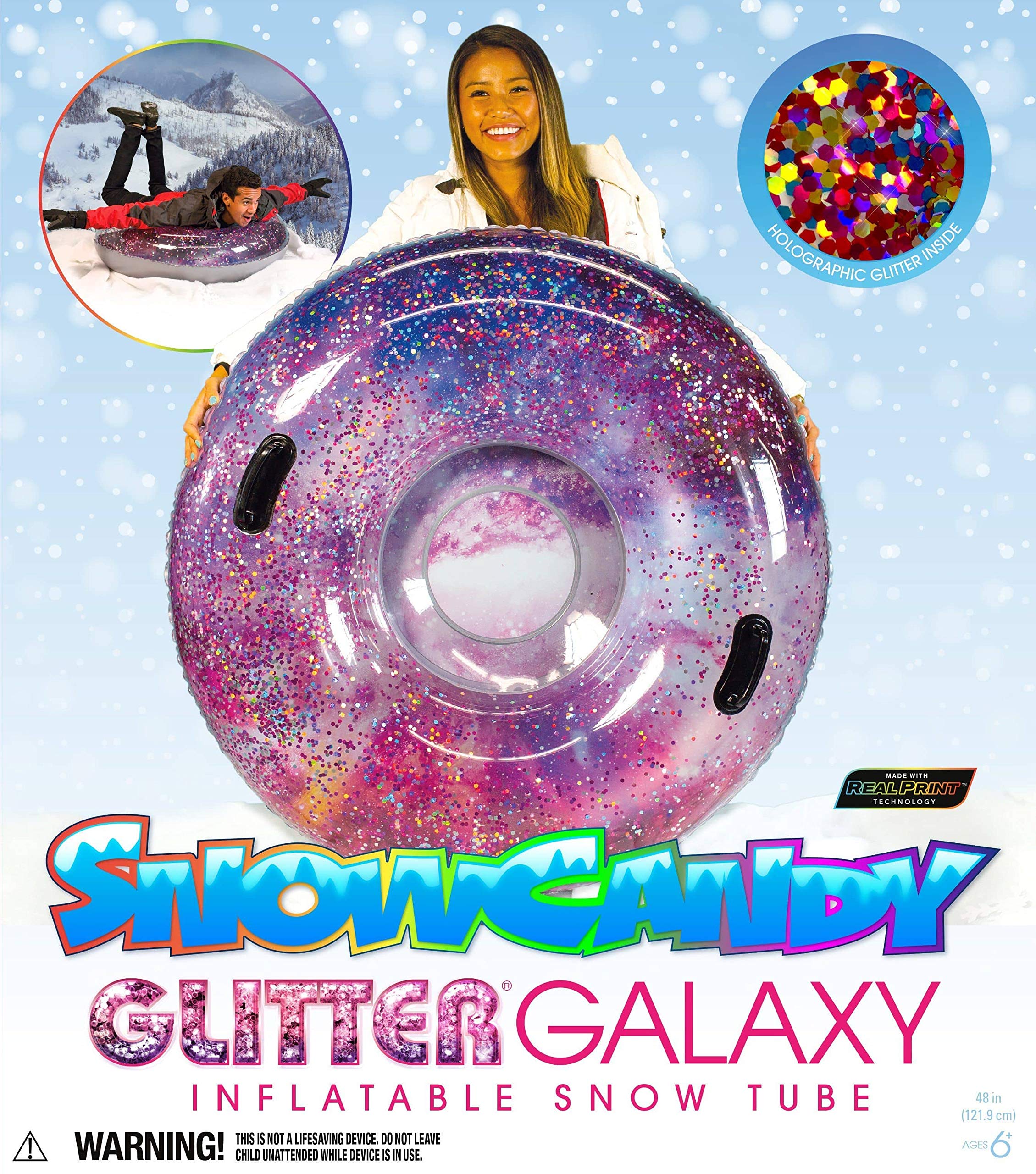 Inflatable Glitter Filled Pink Galactic Snow Tube - 48 Inch Jumbo Winter Sled for Kids & Adults - Perfect for Snow Tubing, Backyard Sliding & Outdoor Winter Fun