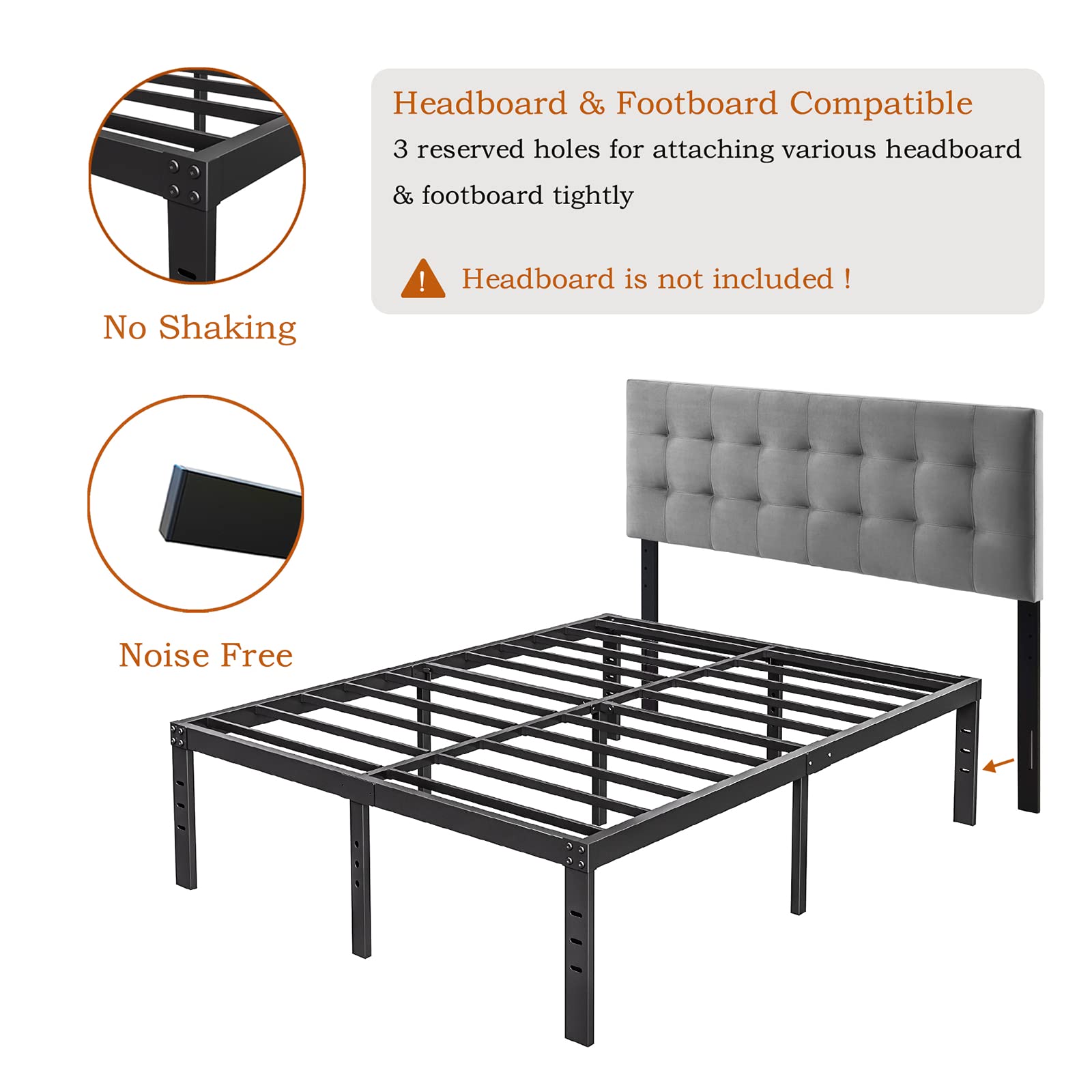 COMASACH 18 Inch Full Size Heavy Duty Metal Bed Frame - No Box Spring Needed, Sturdy Black Tall Bed Frame with 4000Lbs Weight Capacity, Easy Assembly & Noise Free Design - Perfect for Guest Rooms, Dorms & Small Apartments with Under Bed Storage Space