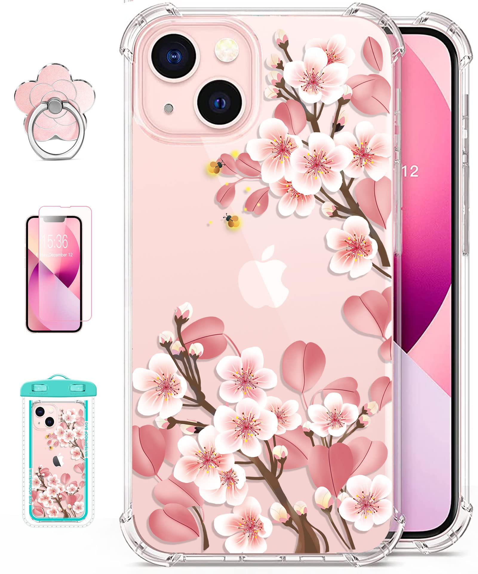 5-in-1 RoseParrot iPhone 13 Case with Screen Protector, Ring Holder & Waterproof Pouch - Floral Pattern Clear Soft Flexible Shockproof Cover (Fireflies) - Perfect for Outdoor Activities, Travel & Daily Protection