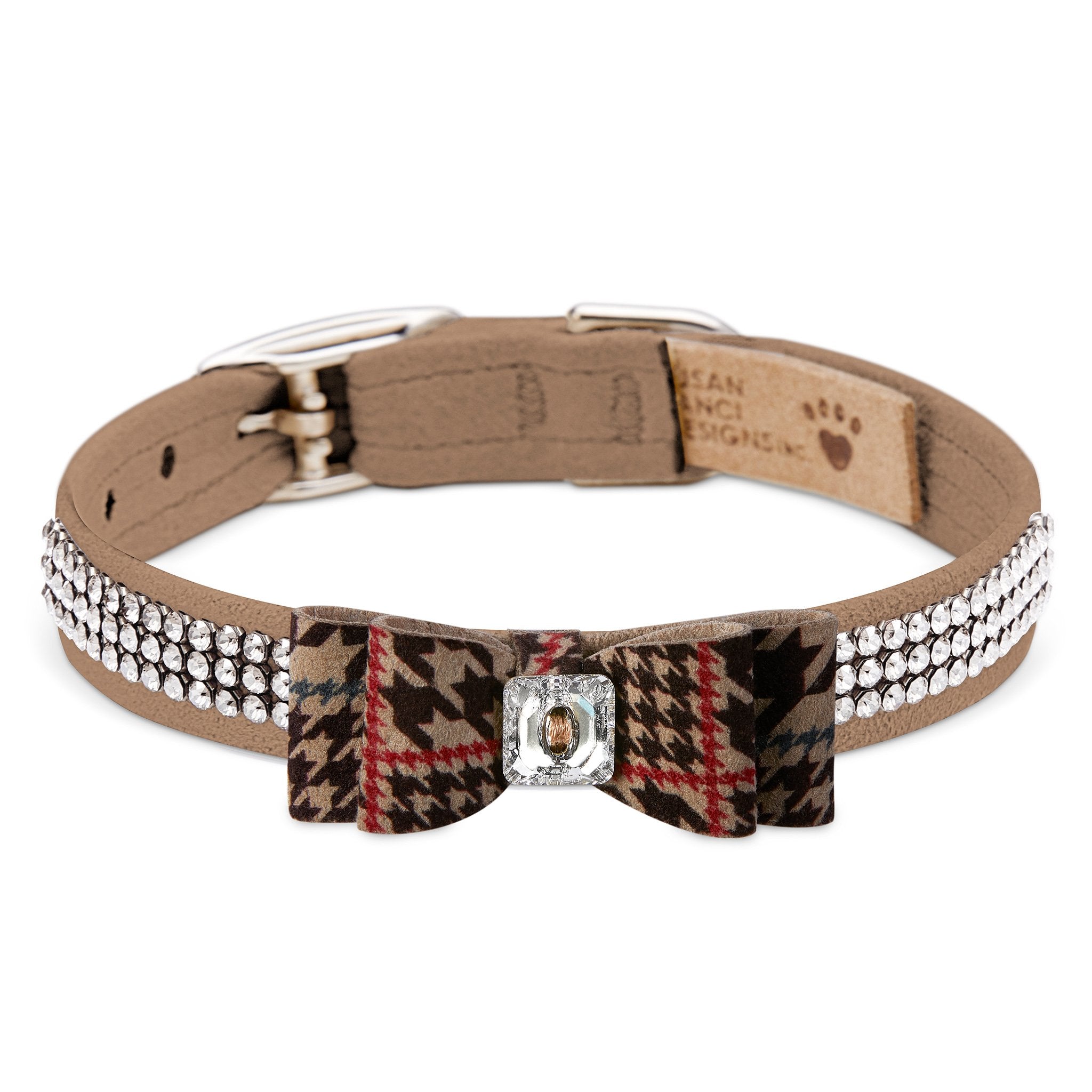 Chocolate Glen Houndstooth Big Bow 3-Row Giltmore Dog Collar - Elegant Pet Fashion Accessory for Small to Medium Dogs