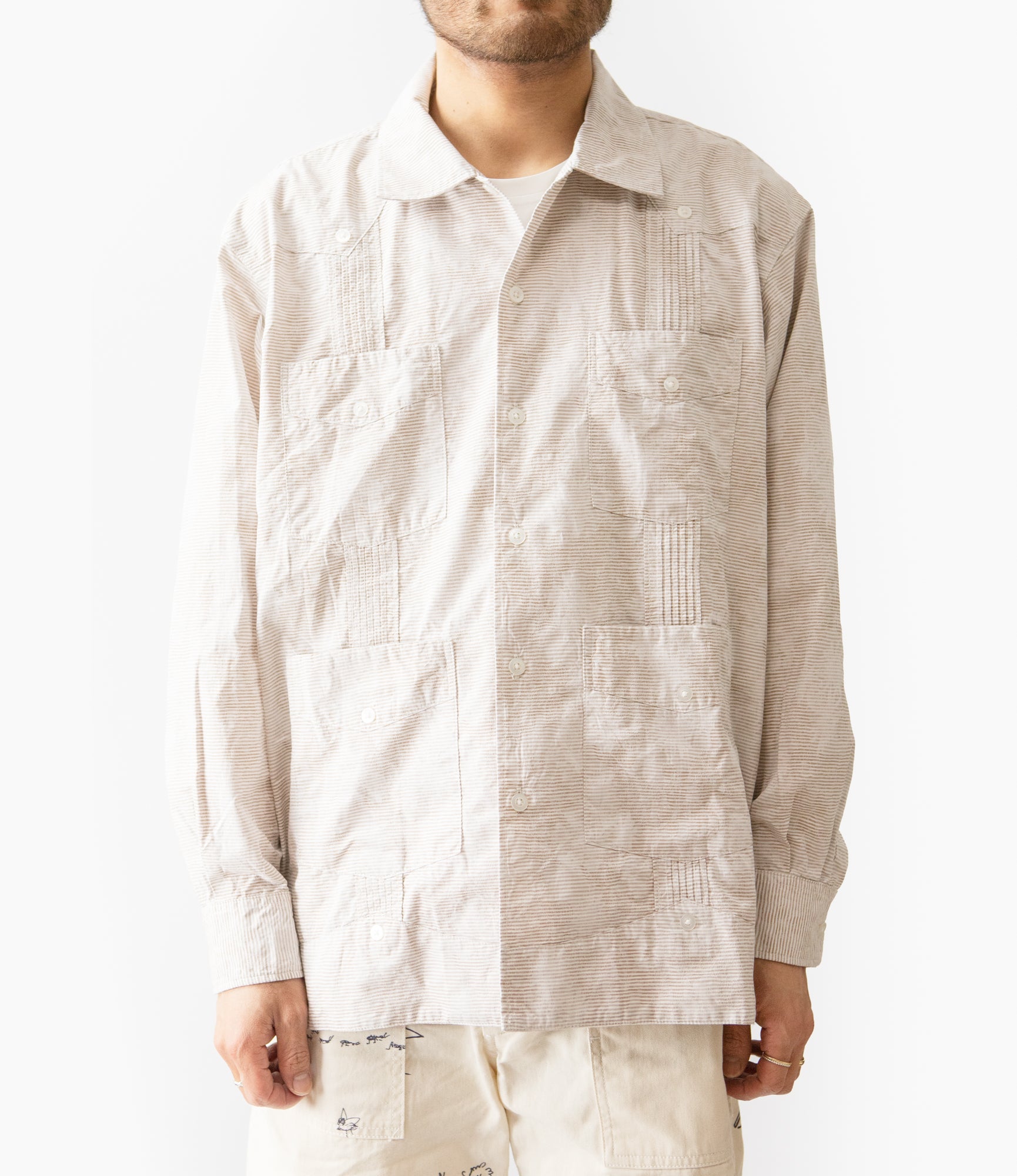 Men's Guayabera Shirt - Khaki Floral Jacquard Striped Dobby Cuban Shirt for Summer | Casual Wear & Beach Vacation Outfit