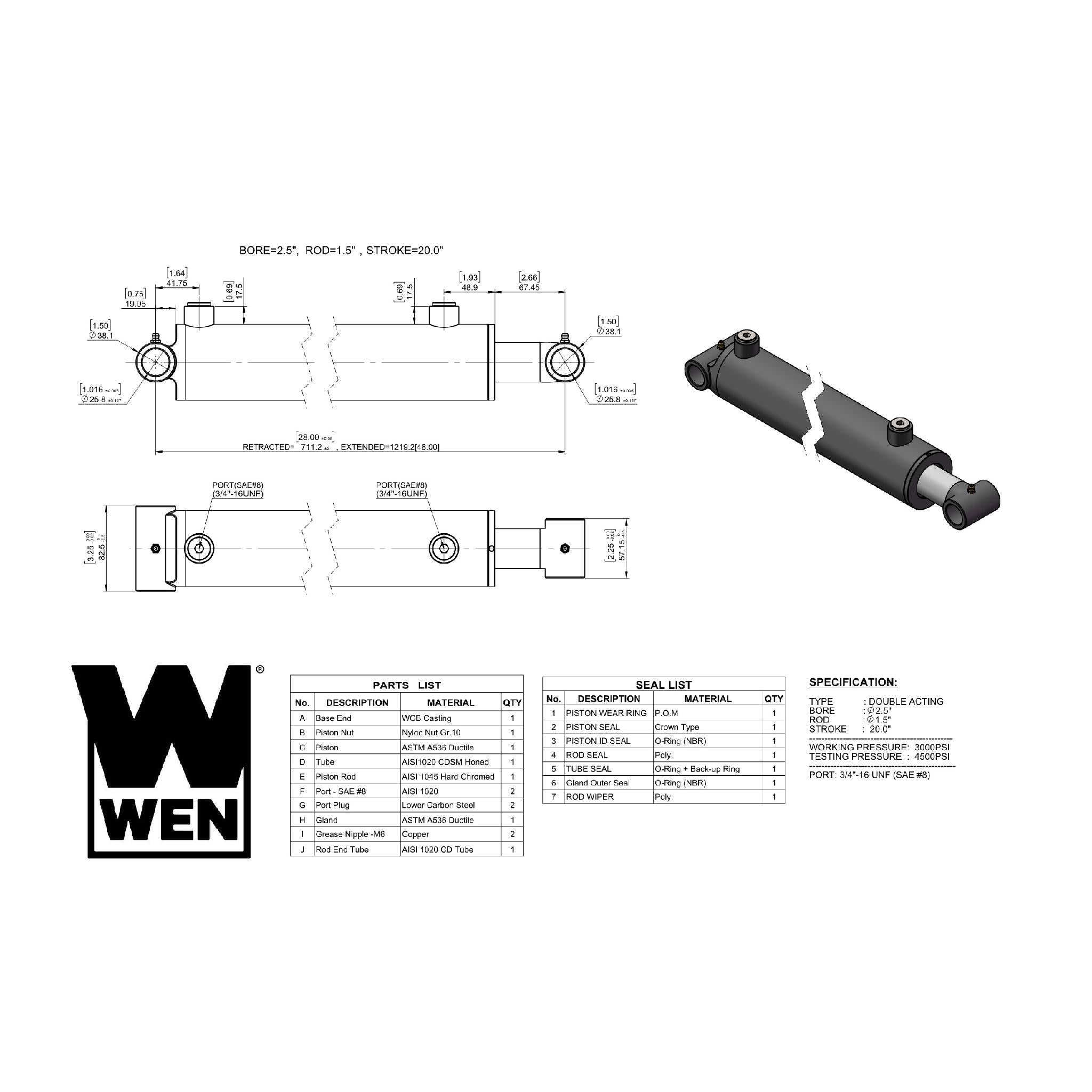 WEN WT2520 Hydraulic Cylinder - 2.5 Inch Bore, 20 Inch Stroke for Heavy-Duty Equipment & Machinery | Ideal for Construction, Agriculture & Industrial Applications