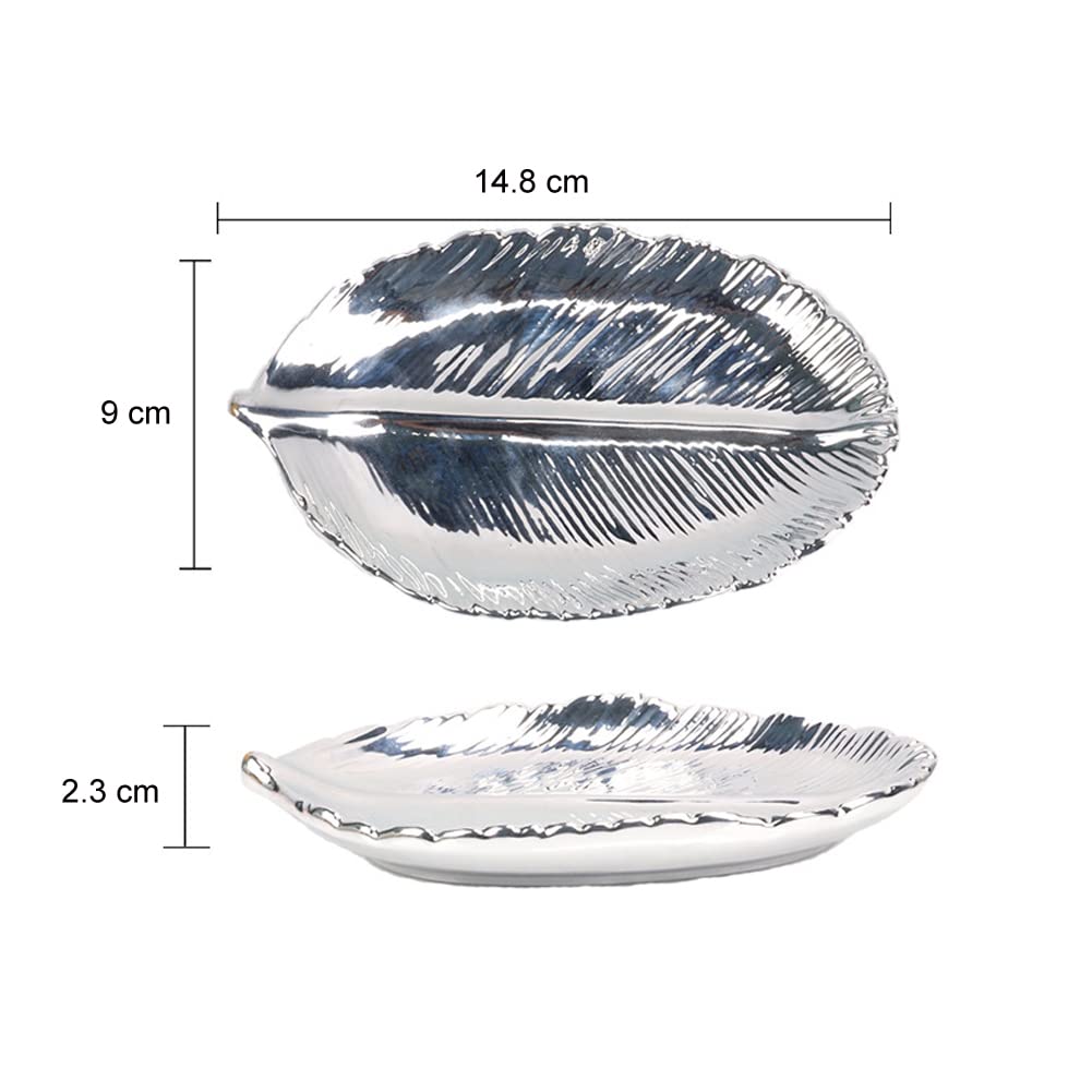 Mollensiuer Ceramic Leaf-Shaped Jewelry Display Tray - Elegant Small Objects Storage Tray for Rings, Earrings & Necklaces - Perfect for Dresser, Vanity, Christmas, Birthday & Wedding Gifts (Silver) - Home Decor & Jewelry Organization Accessory