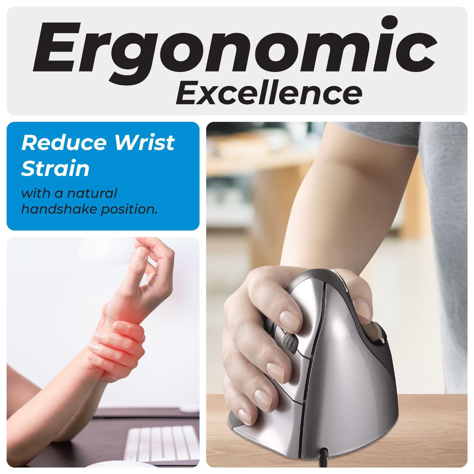 Evoluent VM4R Vertical Mouse 4 for Right Hand - Ergonomic Wired USB Mouse with Adjustable Speed & Programmable Buttons | Helps Prevent Carpal Tunnel | Perfect for Office Work, Gaming & Long Computer Sessions