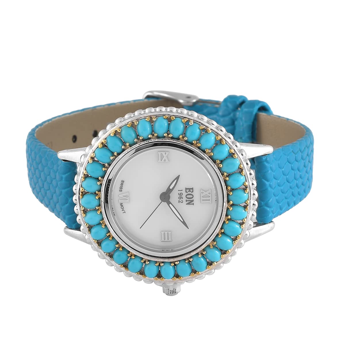 925 Sterling Silver Zircon EON 1962 Movement Women's Watch Bracelet with Natural Sleeping Beauty Turquoise & Platinum Plating - Size 9.5