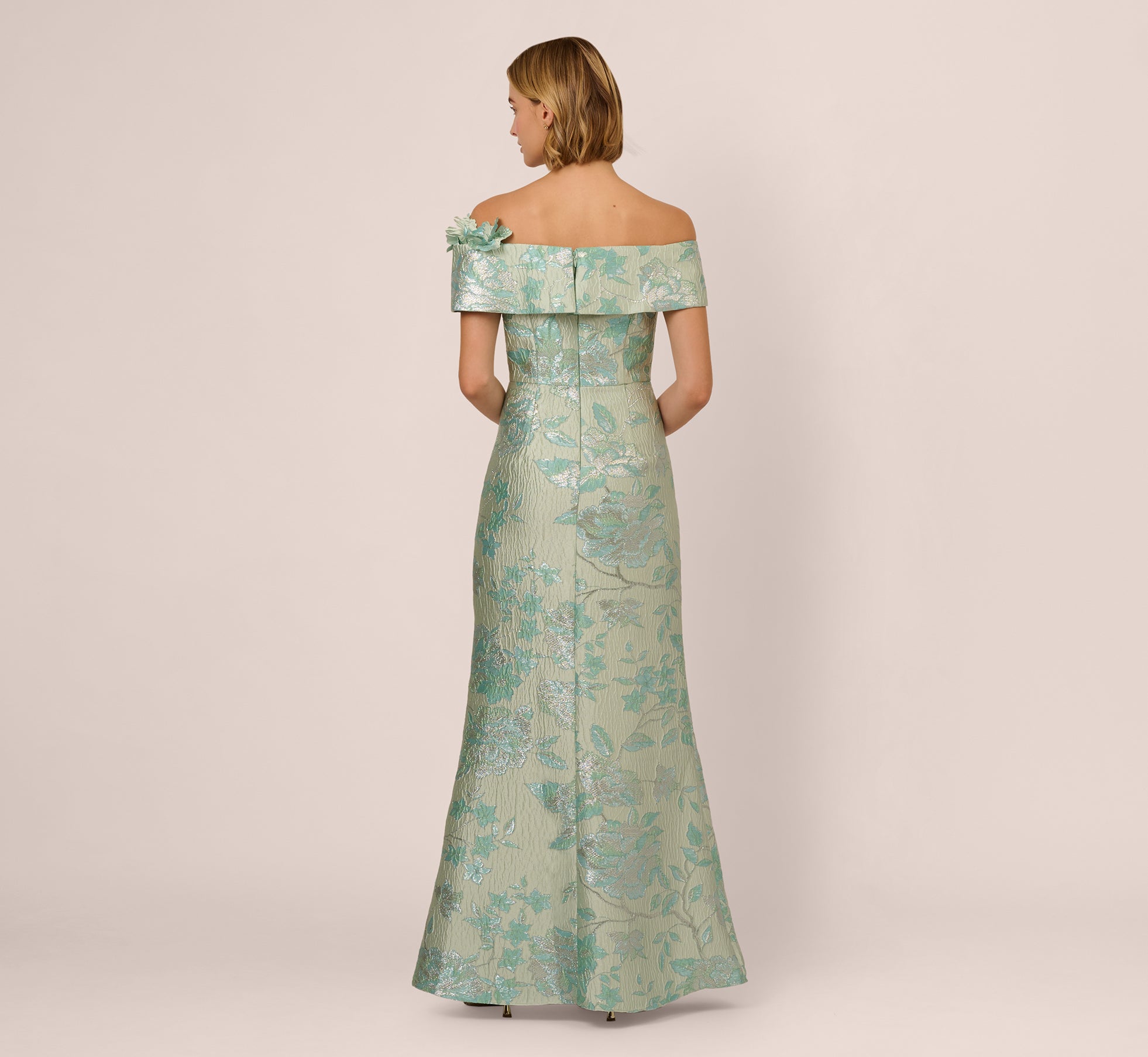 Elegant Off Shoulder Floral Jacquard Mermaid Gown in Icy Sage - Perfect for Weddings, Prom & Formal Events
