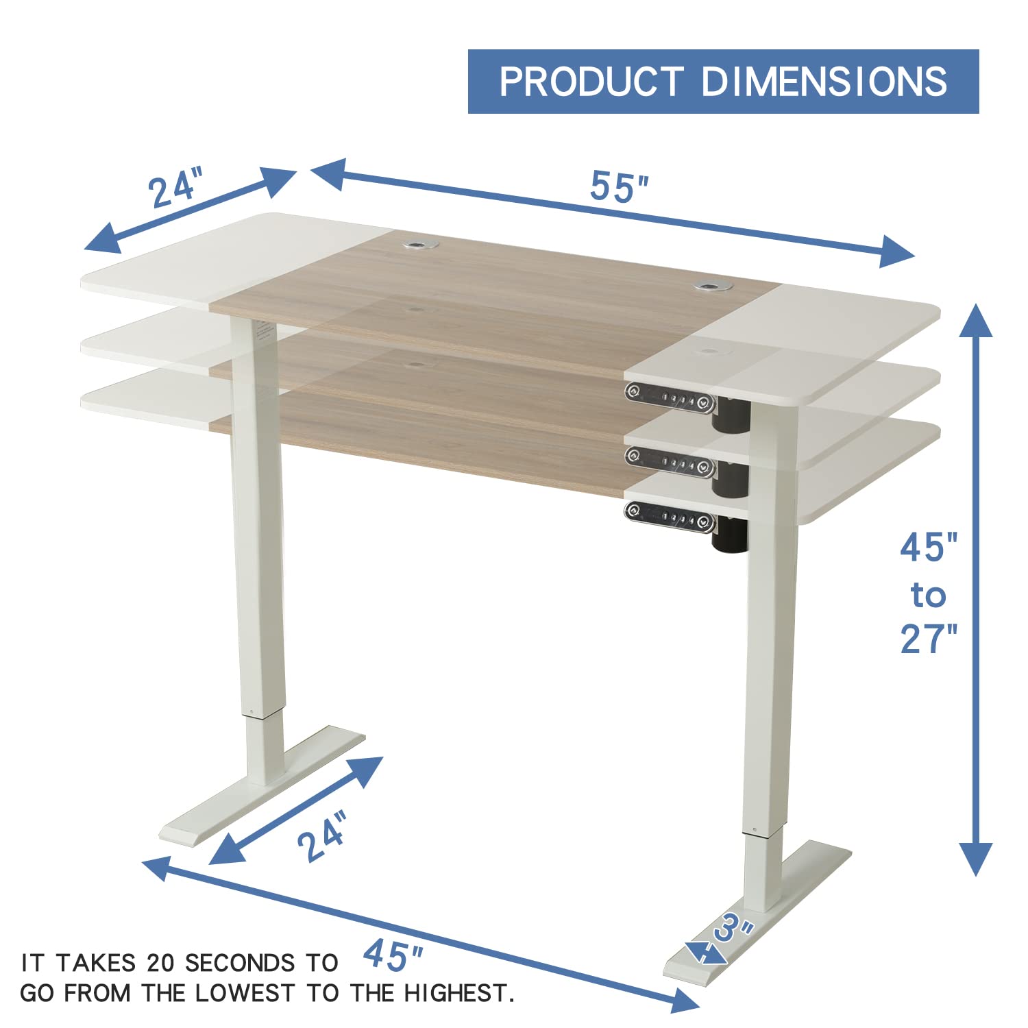 Adjustable Height Electric Standing Desk - 55 x 24 Inches Sit Stand Workstation, Ergonomic Home Office Desk with White Frame & Oak Top for Computer Work, Gaming, and Study