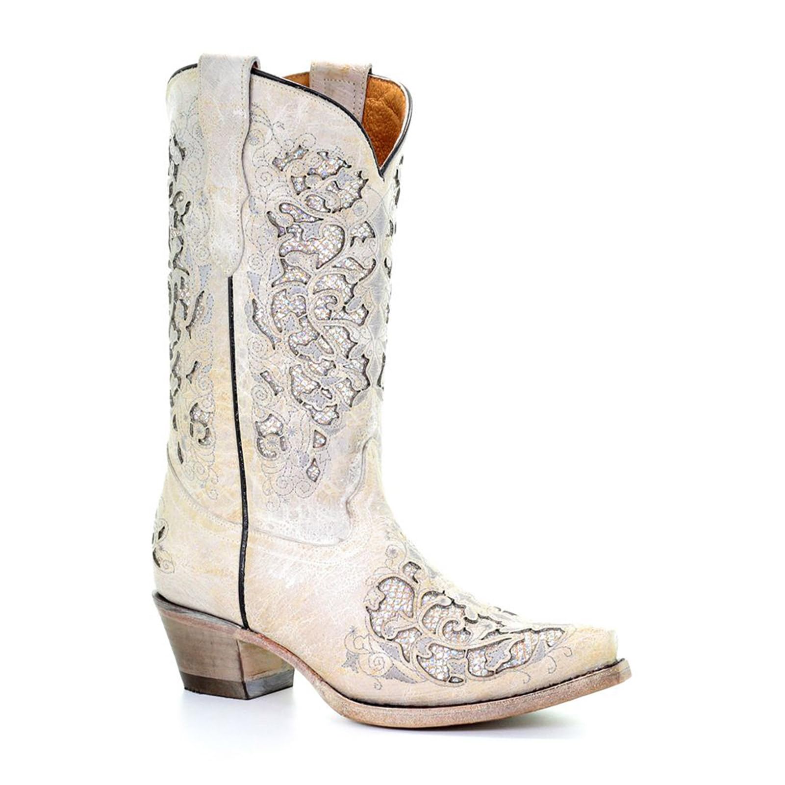 White Glitter Inlay & Embroidery Snip Toe Cowboy Boots for Girls - Low Heel Leather Western Cowgirl Boots | Perfect for Rodeo, Line Dancing, and Country Fashion