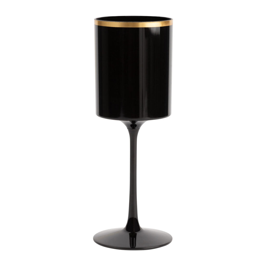 9 Oz Black and Gold Plastic Wine Goblets Set of 5 - Shatterproof Stemware for Outdoor Parties, Weddings, and Picnics
