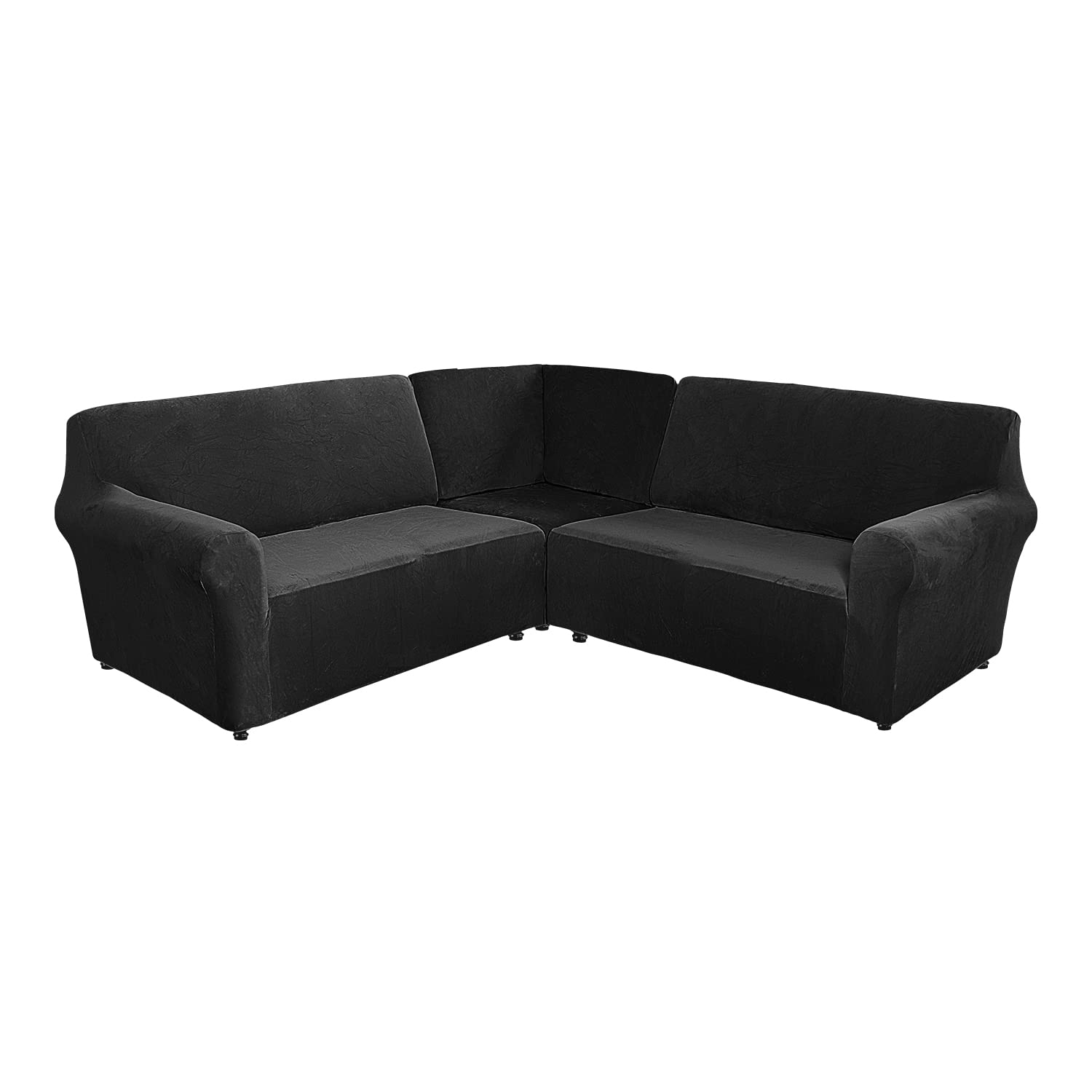 Velvet Stretch Corner Sofa Cover for 5-Seater L-Shaped Sectional Couch - Soft Furniture Protector Slipcover for Living Room (Black) - Perfect for Pets, Kids & Spills Protection