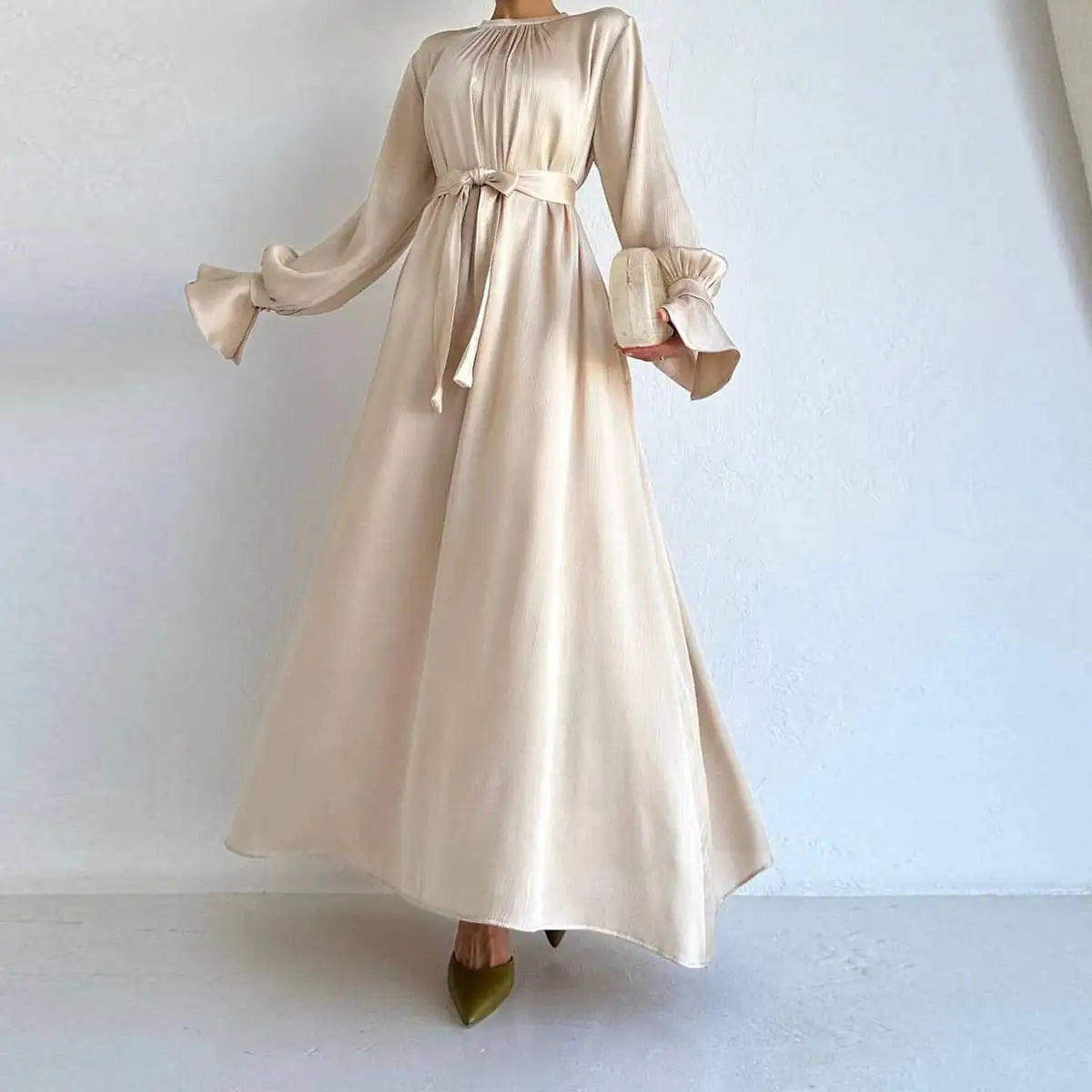 Elegant Ruffle Sleeve Satin Abaya Dress for Women - Modest Islamic Prayer Dress - Perfect for Eid, Wedding & Special Occasions