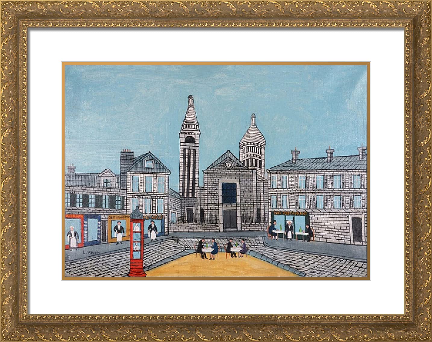 Vivin Louis 24x19 Gold Ornate Framed Art Print - Place Du Theatre City Square With Red Phone Booth - Double Matting Wall Decor for Living Room, Bedroom & Office