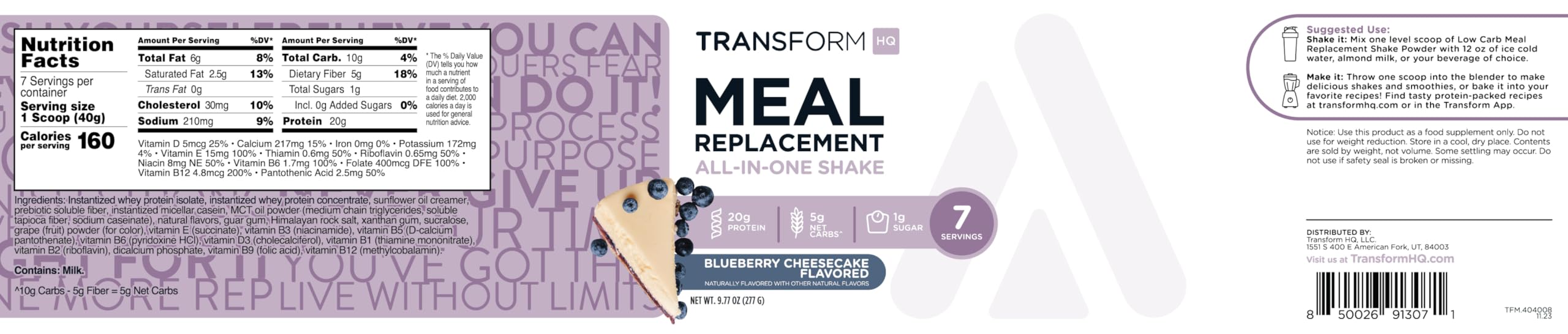 TransformHQ Meal Replacement Shake Powder - Blueberry Cheesecake Flavor, 7 Servings | Gluten Free, Non-GMO, High Protein | Perfect for Weight Loss, Post-Workout Recovery & Busy Lifestyles