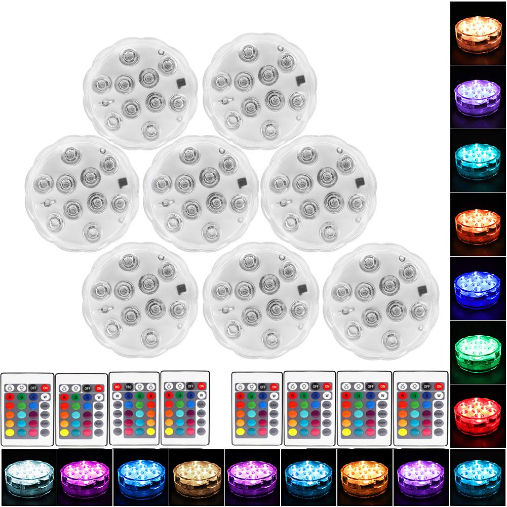 Youv Tech 8-Pack Submersible LED Lights with Remote - Waterproof Battery-Operated Light Pads for Aquarium, Pond, Pool & Fountain Decorations - Includes 8 Remote Controls - Perfect for Home, Garden & Outdoor Water Features