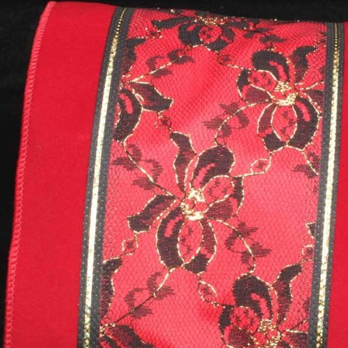 Lacy Bows Wired Craft Ribbon - Velvet Red, Black & Gold - 6
