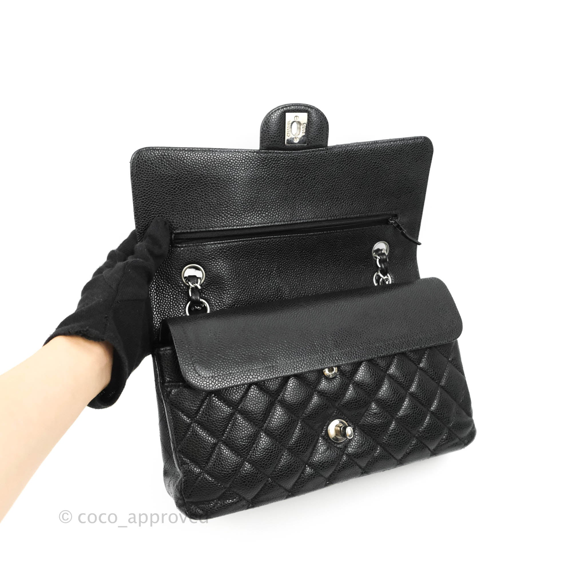 Chanel Classic Medium Double Flap Bag Black Caviar Leather with Silver Hardware - Luxury Designer Handbag for Women, Perfect for Work, Evening Events & Special Occasions