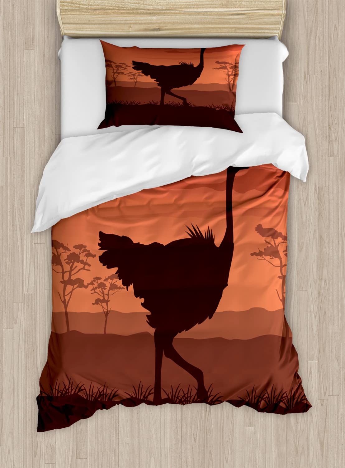 Ambesonne Ostrich Duvet Cover Set - Queen Size 2-Pack with 2 Duvet Covers & 4 Pillowcases, Chestnut Brown Cinnamon - Sunset Wild Bird Silhouette Design for Bedroom Decor, Perfect for Guest Rooms & Master Bedrooms