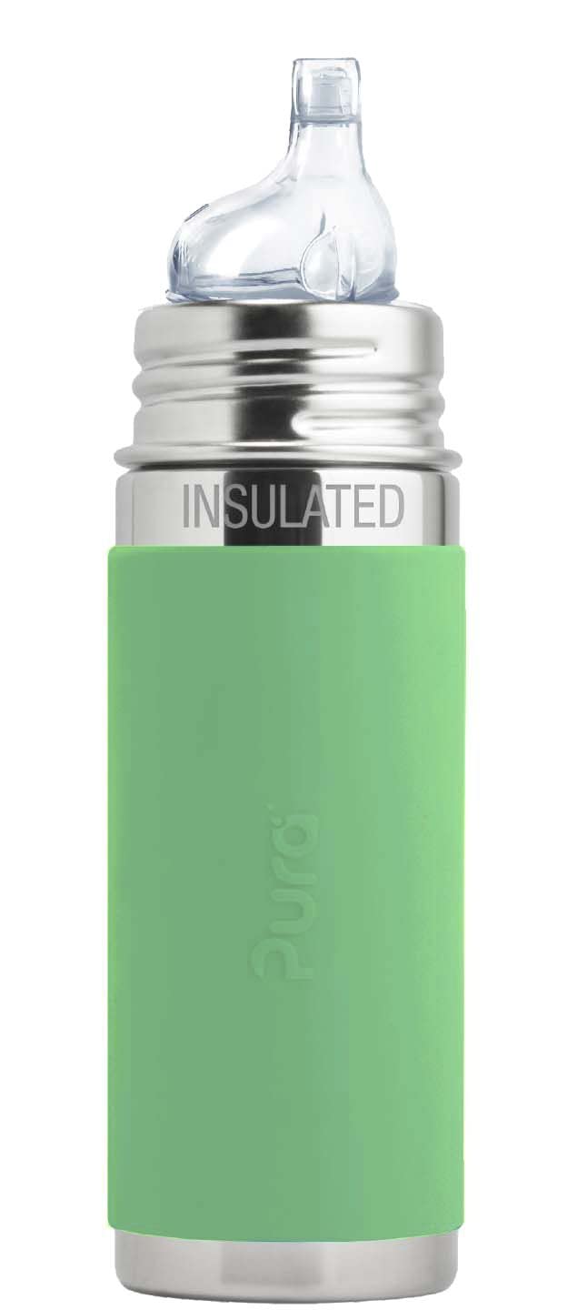 Pura Kiki 9oz/260ml Stainless Steel Insulated Sippy Cup with Sleeve - Plastic-Free, MadeSafe Certified, Medical-Grade Silicone Spout - Fast Flow for Kids, Toddlers & Babies - Moss Green - Perfect for Daycare, Travel & On-the-Go Hydration