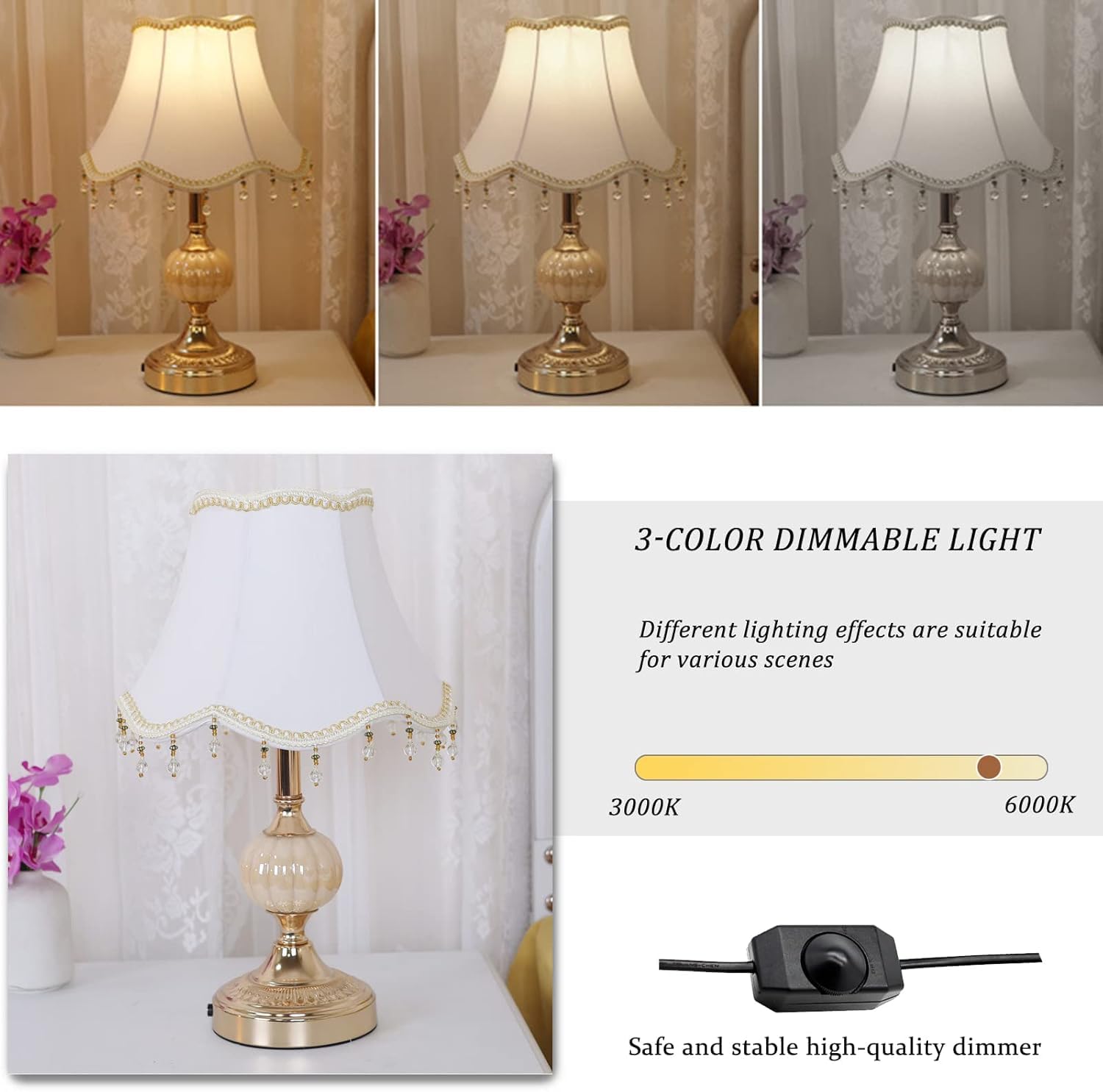 Classic Tiffany European Style Table Lamp with Fabric Drum Shade & Gold Base - Elegant Bedside Desk Lamp for Bedroom, Living Room, Office | Perfect for Nightstand, Study Room & Home Decor