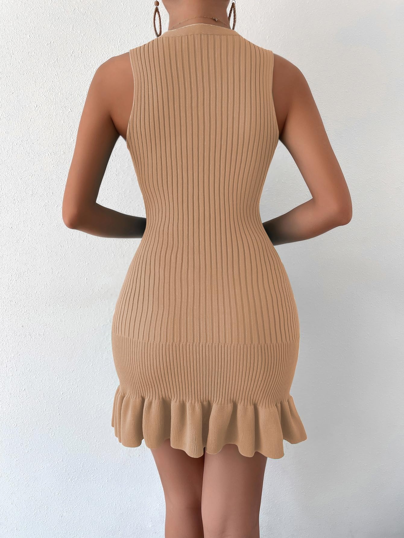 MakeMeChic Women's 2025 Summer Sleeveless Bodycon Mini Dress - Casual Crochet Ribbed Knit Ruffled Hem Tank Dress for Beach, Party & Date Night