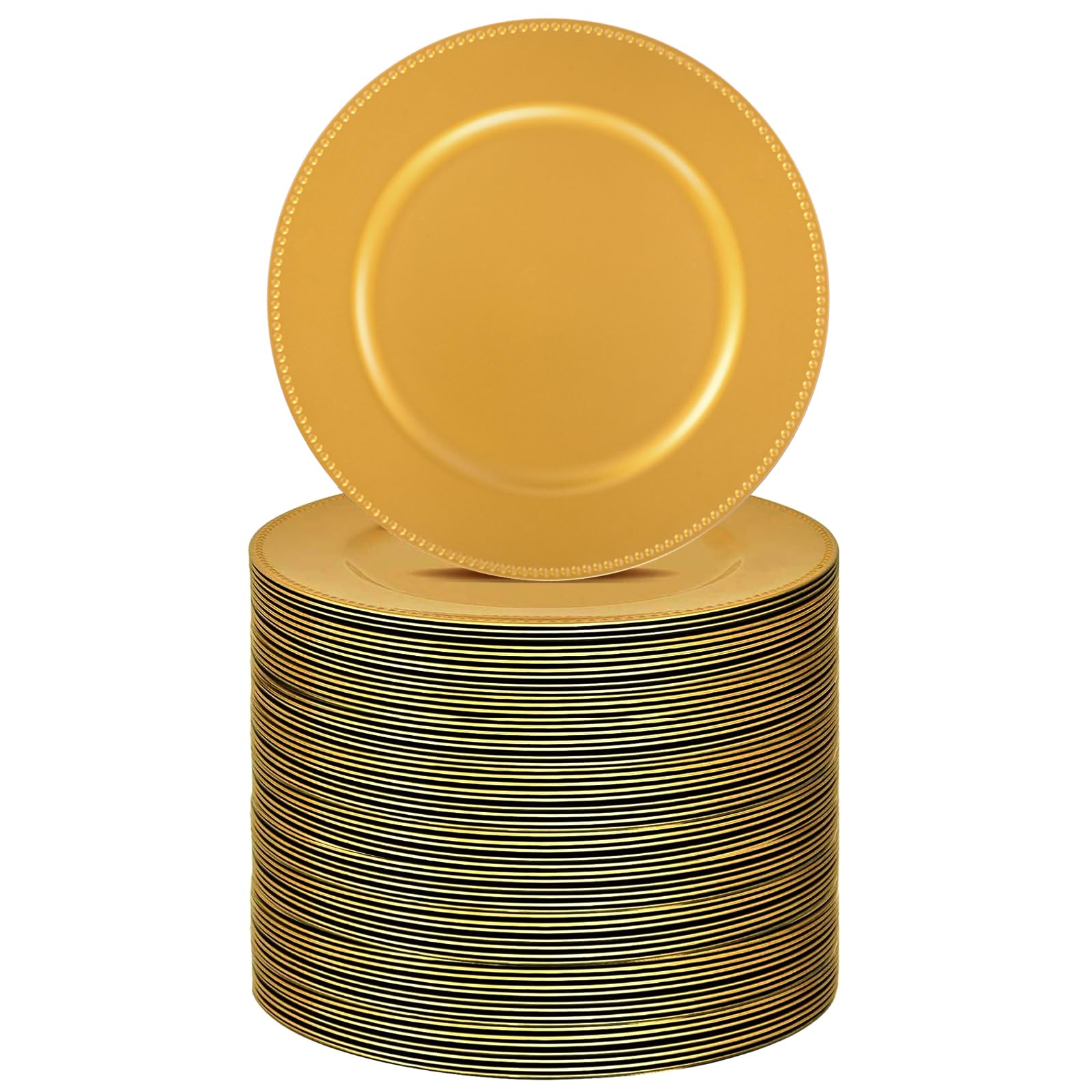 100 Pcs Gold Charger Plates Bulk - 13 Inch Plastic Round Dinner Plates with Beaded Rim, Reusable Charger Service Plates for Christmas, Wedding, Party & Special Events - Elegant Table Setting for Holiday Dinners, Banquets and Formal Occasions