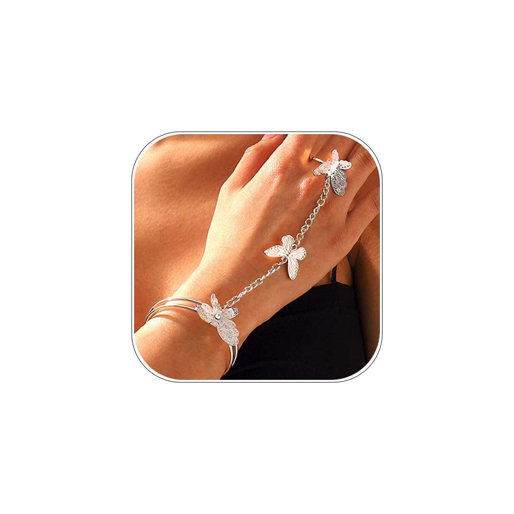 Boho Butterfly Hand Chain Bracelet - Adjustable Silver Finger Ring Bracelet for Women - Elegant Hand Jewelry for Parties, Weddings & Boho Fashion (1PCS)