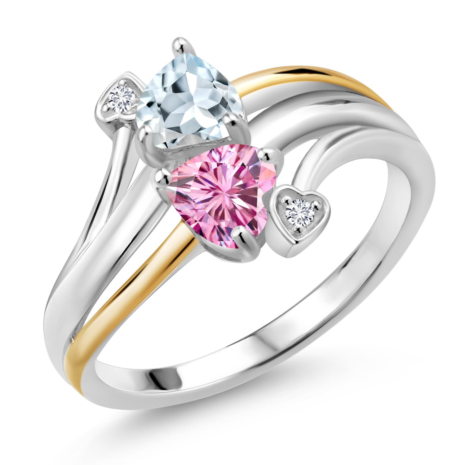 Gem Stone King 925 Sterling Silver & 10K Yellow Gold Heart Shaped Ring with Sky Blue Aquamarine & Vivid Pink Moissanite (0.93 CTTW) - Elegant Gift for Anniversary, Valentine's Day & Special Occasions
