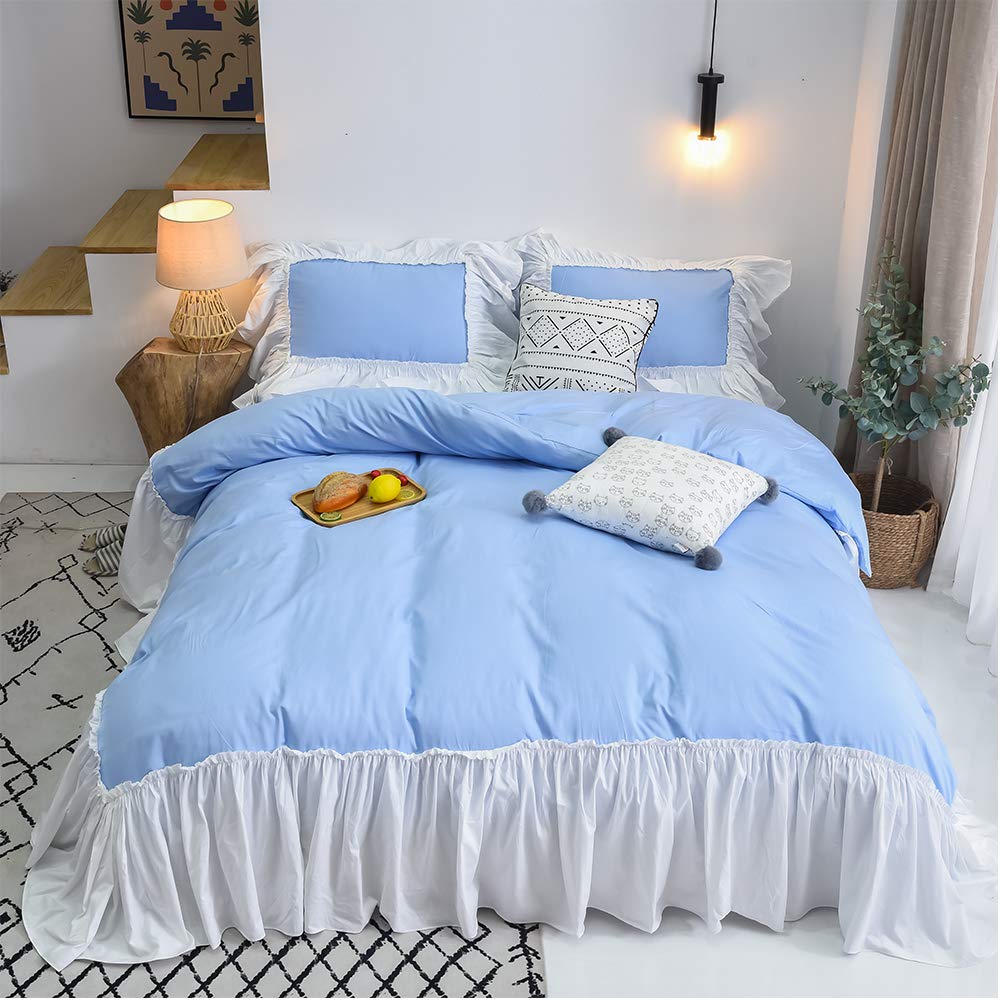 Premium 100% Cotton 600 TC Smart Sheet with Side Pocket & Duvet Cover Set - 4 Piece Light Blue Ruffled Bedding Set for Queen Size Bed | Romantic Princess Style | Perfect for Guest Rooms, Master Bedrooms & Cozy Home Decor