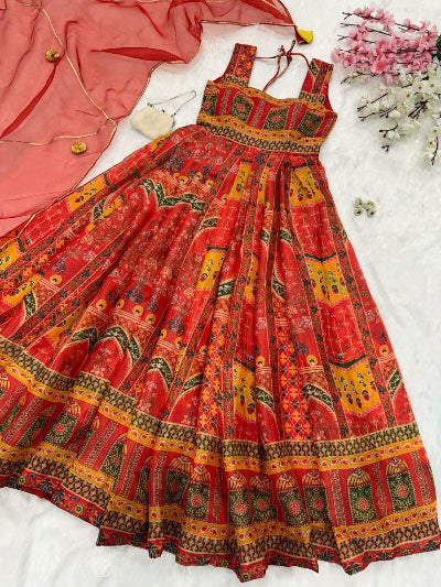Elegant Multicolor Printed Organza Silk Gown & Dupatta Set of 2 - Perfect for Weddings, Parties & Special Occasions