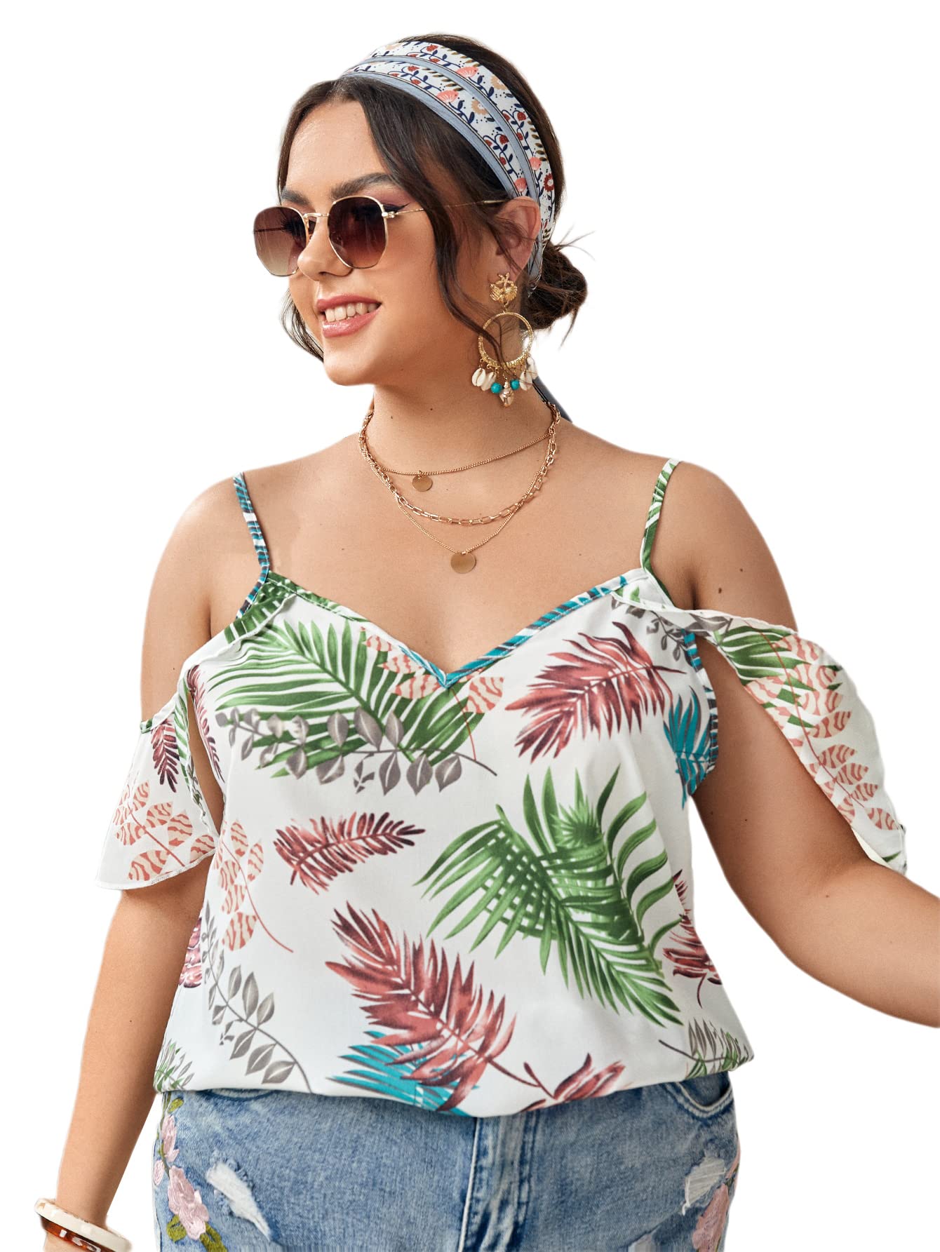 Romwe Women's Plus Size Floral Print Ruffle Cold Shoulder Tie Front Blouse - Boho Tops White Tropical Print 4XL - Perfect for Summer Vacations, Beach Outings & Boho Chic Outfits
