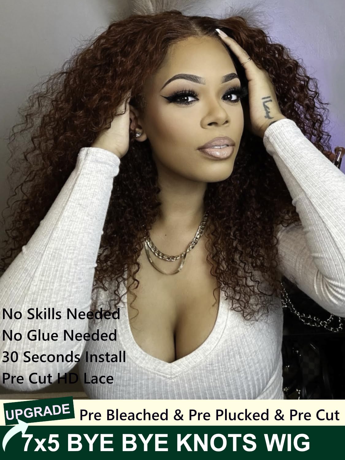 KLAIYI Bye Bye Knots Wig - Reddish Brown Curly 7x5 Invisible Knots Pre Cut HD Lace Front Human Hair Wig | Wear & Go Glueless Deep Curly Wave | Pre Plucked Bleached Knots 180% Density 16 Inch | Perfect for Daily Wear, Parties & Special Occasions
