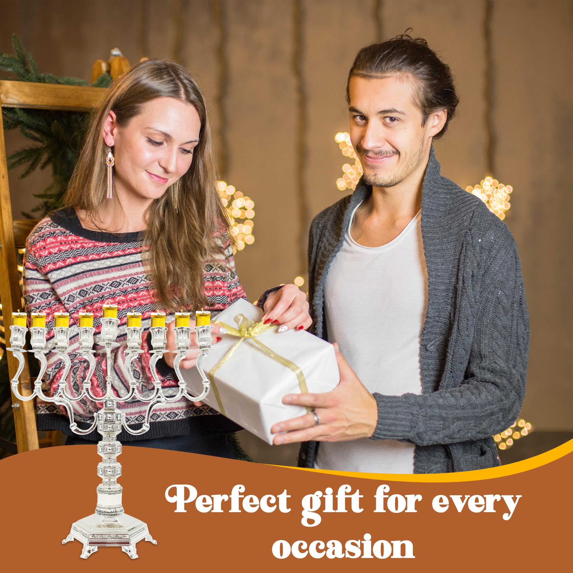 Majestic Silver-Plated Hanukkah Menorah (MN-HA19899BM) - 13.5” Height | Fits Standard Oil Cups & Large Candles | Durable & Long-Lasting | Elegant Jewish Holiday Decoration for Home, Synagogue, or Gift Giving