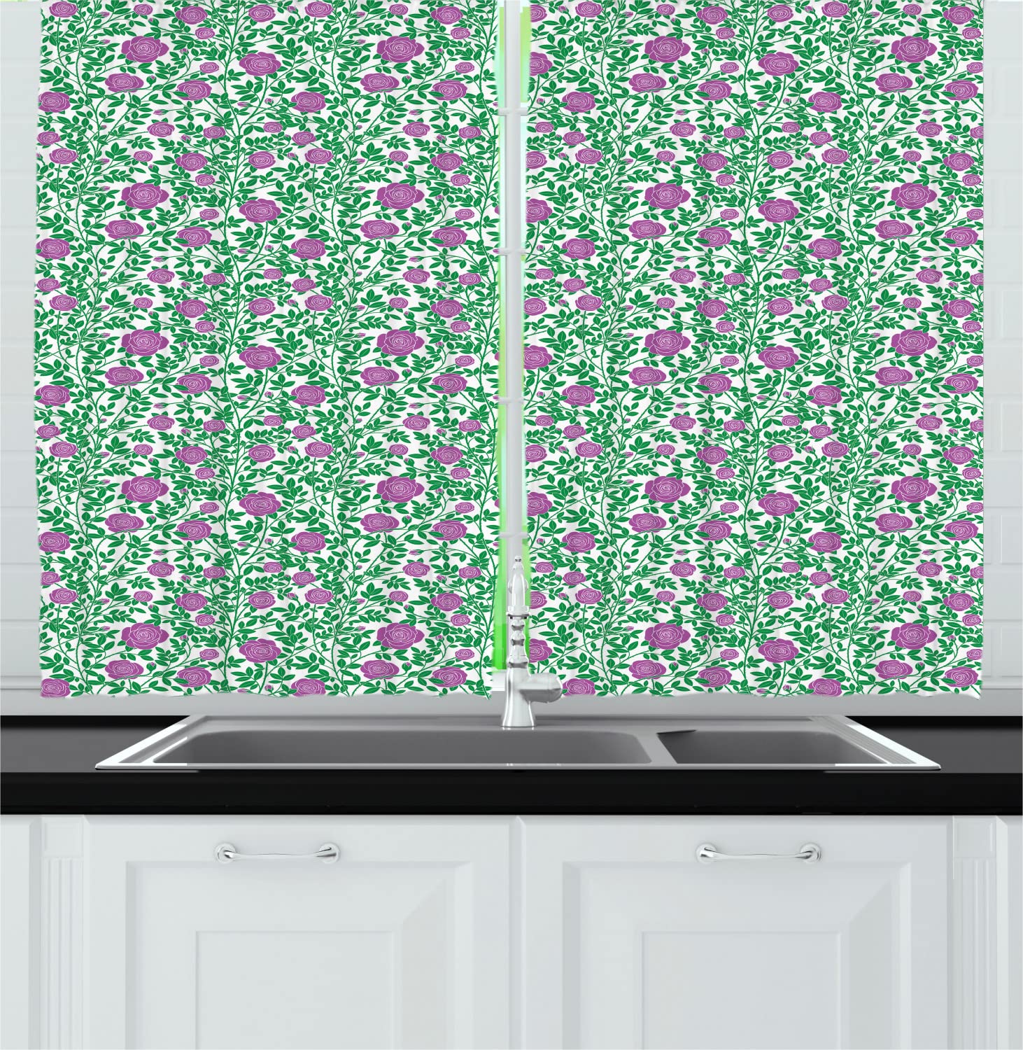 Ambesonne Rose Long Kitchen Curtains - Gardening Theme with Intertwined Thorny Stems Rose Buds & Petals, 2 Panel Drapes with Rod Pocket, 55x45 Inches, Fuchsia Forrest Green White - Perfect for Farmhouse, Cottage & Vintage Style Kitchen Decor