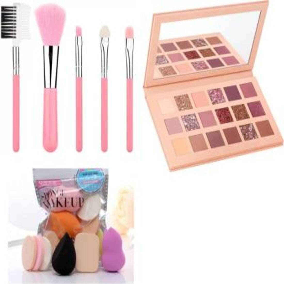 Beggie 5-Piece Makeup Brush Set & 6-Pack Washable Makeup Sponges with 18-Color Professional Nude Eyeshadow Palette - Perfect for Daily Makeup, Contouring, and Beauty Blending