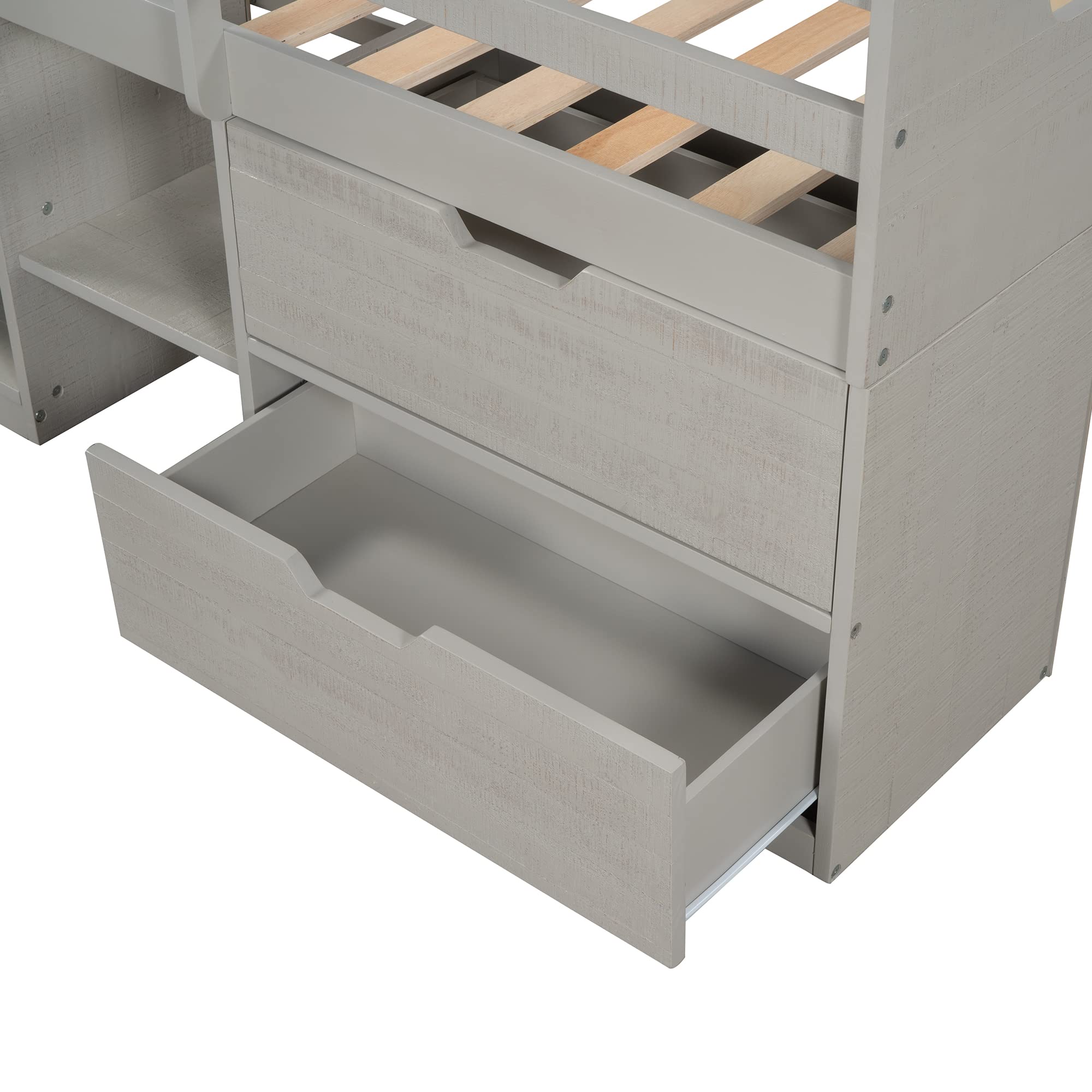 Low Loft Bed with Storage - Twin Size Wooden Loft Bed for Kids & Teens - Space Saving for Small Rooms (Antique Grey)