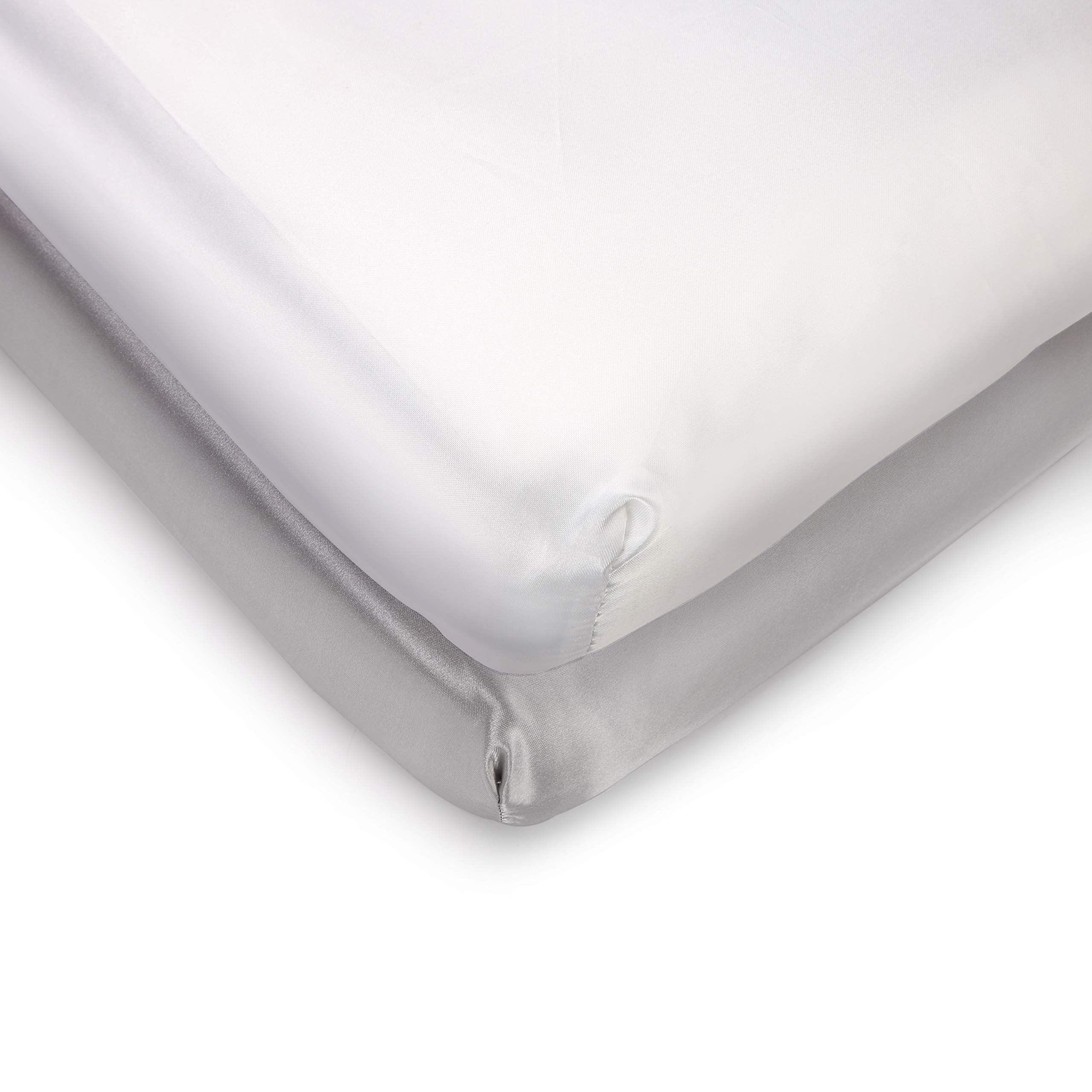 Premium Satin Pack 'n Play Sheet Set - 2 Pack Soft Baby Crib Fitted Sheets 27x39 Inch, Breathable Playard Mattress Cover (White & Gray) - Ideal for Nursery, Travel & Daycare Use