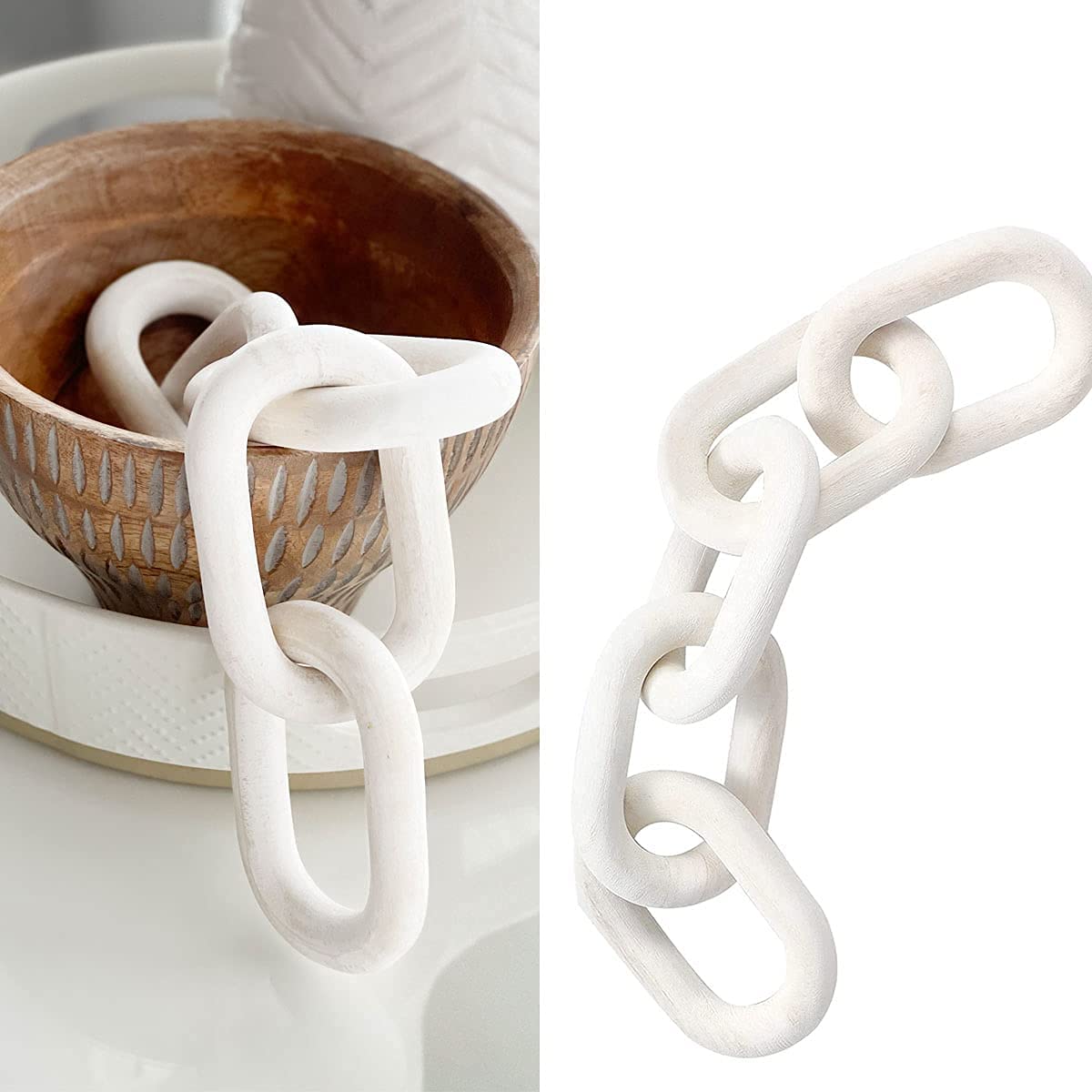Hand Carved Boho Wood Chain Link Decor - Sustainable Pine Farmhouse Decorative Chain for Coffee Table, Shelf, Wall | Home & Living Room Decor (White) - Perfect for Boho, Rustic & Modern Interior Design Styles