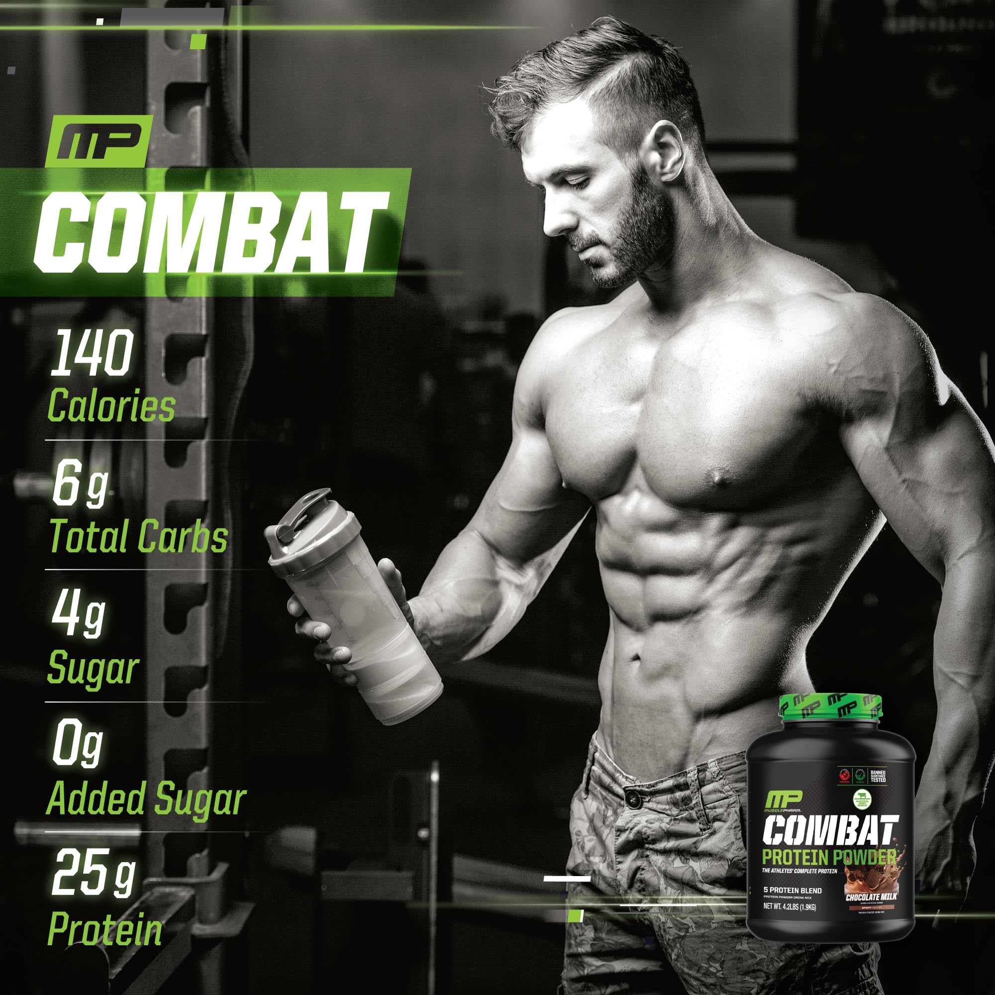 MusclePharm Combat Protein Powder - Chocolate Milk Flavor | 5 Protein Sources (Whey Isolate & Egg Albumin) | Gluten Free | 4.2lb (52 Servings) | Post-Workout Recovery & Muscle Growth Supplement for Athletes & Fitness Enthusiasts