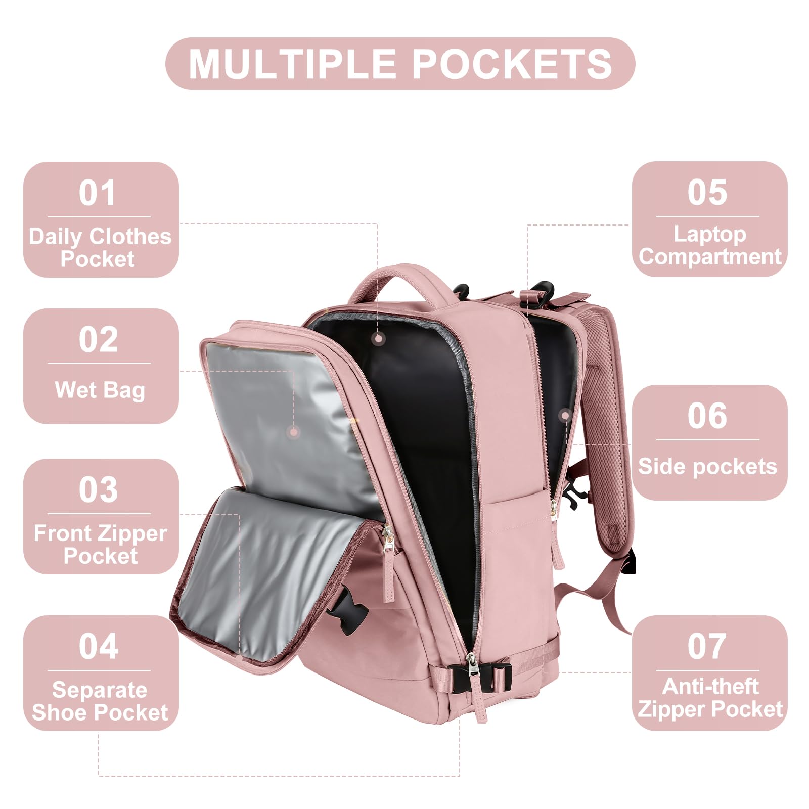 Coofay Women's Airline Approved Carry On Backpack - Waterproof Travel Daypack for Hiking, Sports & Casual Use - Lightweight Small Personal Item Backpack (Pink) | Perfect for Flights, Commuting & Outdoor Adventures