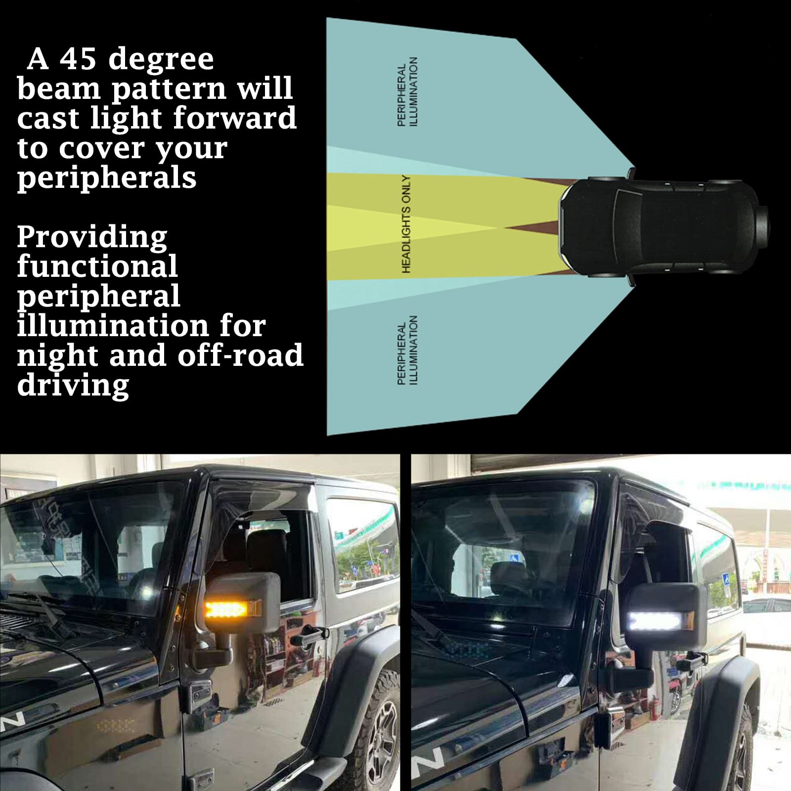 LED Side Mirror with Amber Sequential Turn Signal & White DRL Lights for Jeep Wrangler JK JKU 2007-2018 (Pair) - Enhanced Visibility & Safety for Off-Roading & Night Driving