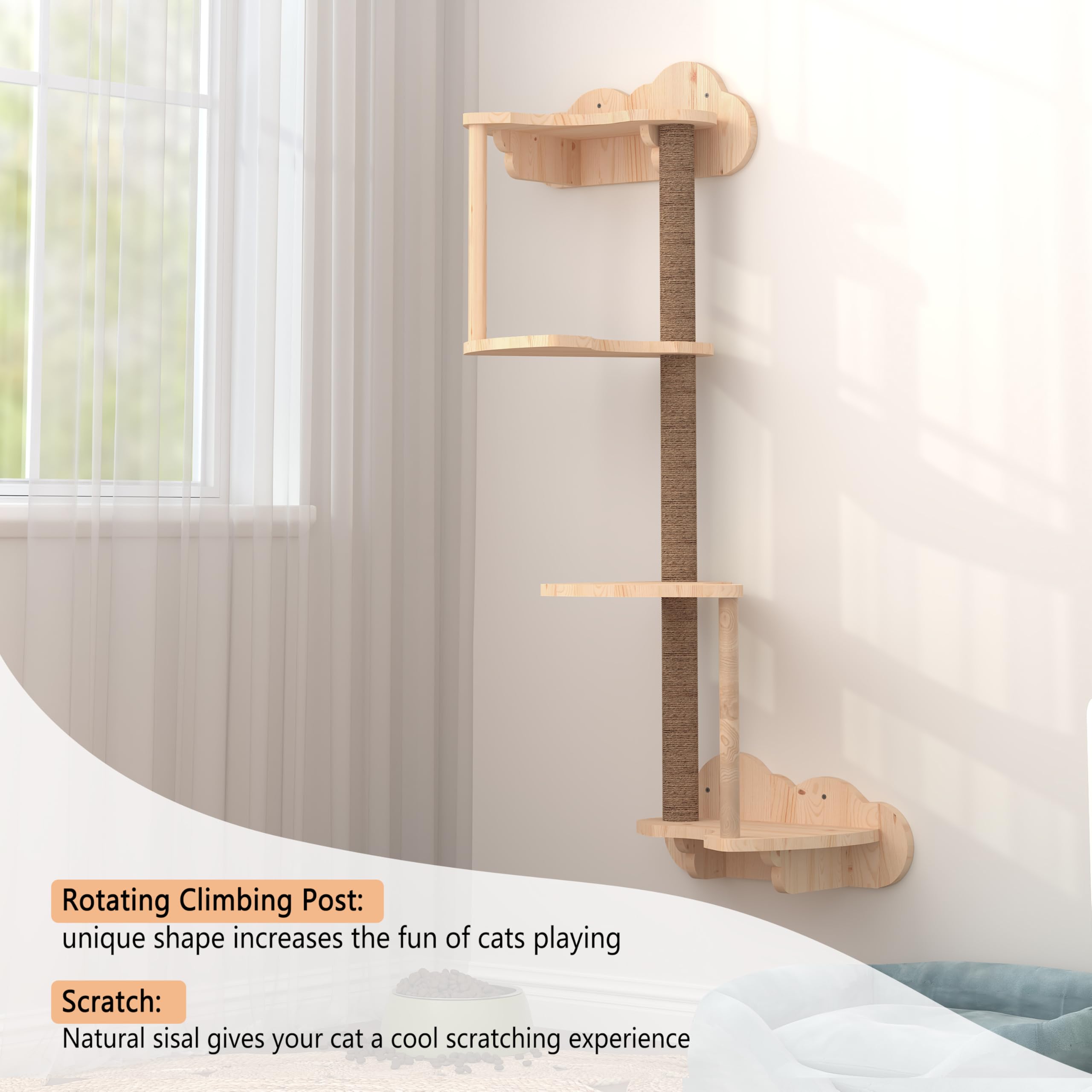 13-Piece Transparent Cat Wall Furniture Set - 4-Tier Scratching Post, 2 Sisal Scratching Steps, Wall-Mounted Bed & Bridge for Cats up to 33 lbs | Space-Saving Cat Climbing Shelves for Indoor Play & Relaxation