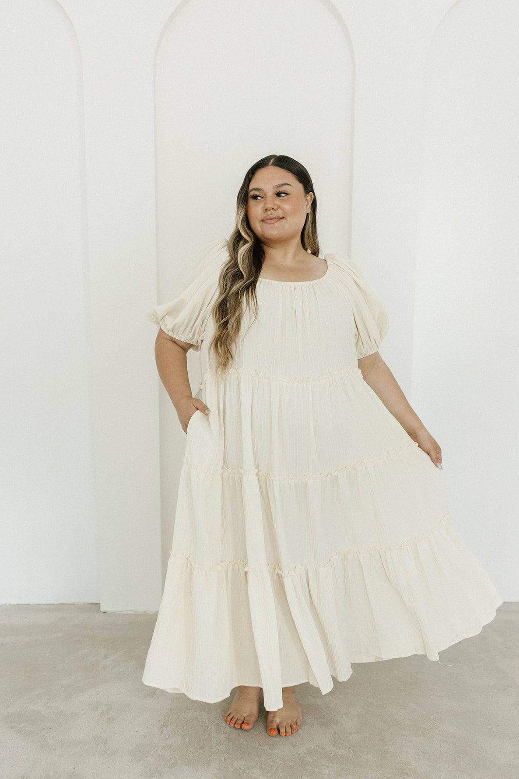 Eva Puffed Sleeve Maxi Dress in Cream - Bump Friendly Maternity Dress with Inclusive Sizing (S-3XL) | Perfect for Weddings, Baby Showers & Summer Vacations