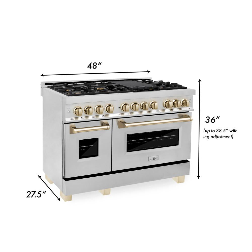 ZLINE Autograph Edition 48-inch Stainless Steel Kitchen Package - Dual Fuel Range, Range Hood, Dishwasher & Refrigerator with External Water Dispenser & Polished Gold Accents | Luxury Kitchen Appliances for Modern Homes & Professional Chefs