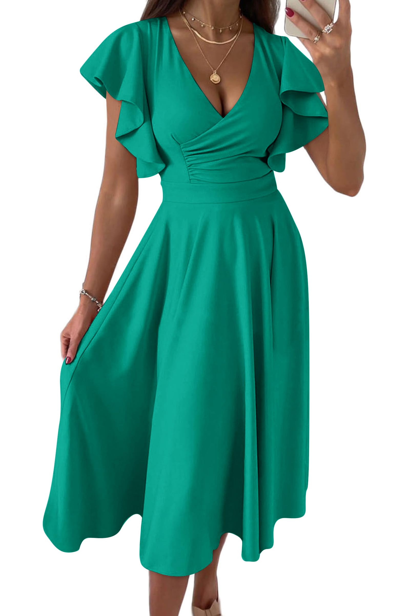 PRETTYGARDEN Women's Summer Midi Dress 2025 - Floral Print Ruffled Sleeve V-Neck A-Line Cocktail Dress for Wedding Guest, Party & Special Occasions | Lightweight Breathable Fabric for Spring & Summer Events