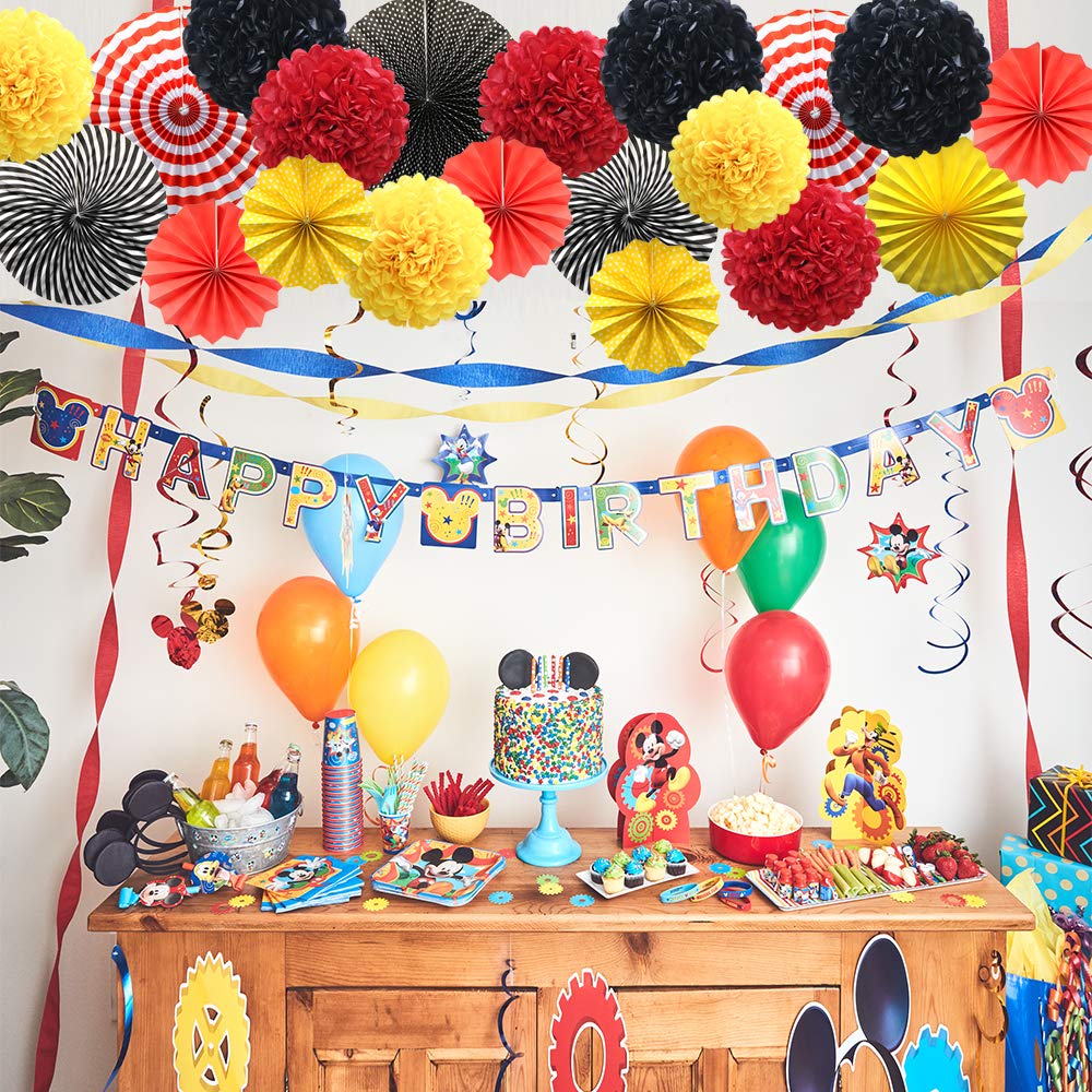 Vibrant Red Yellow Black Hanging Paper Party Decorations - Round Paper Fans & Pom Poms Set for Mickey Mouse Theme, Firetruck Birthday, Wedding, Graduation & Baby Shower | Perfect for Indoor/Outdoor Celebrations, Home Decor & Party Backdrops